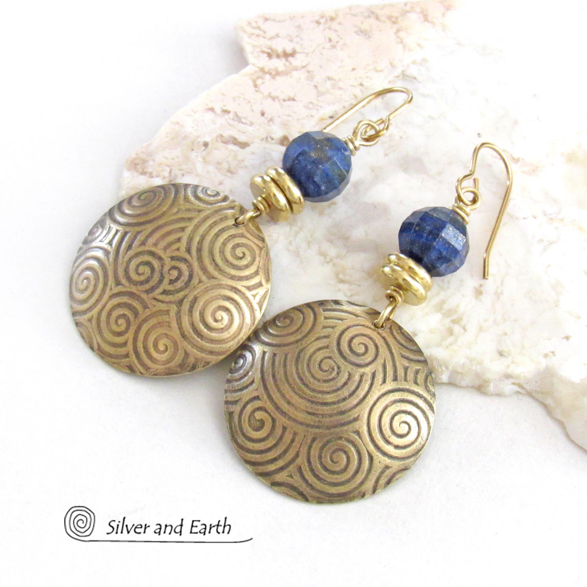 Gold Brass Spiral Earrings with Faceted Blue Lapis Lazuli Gemstones - Bold Exotic Egyptian Inspired Jewelry
