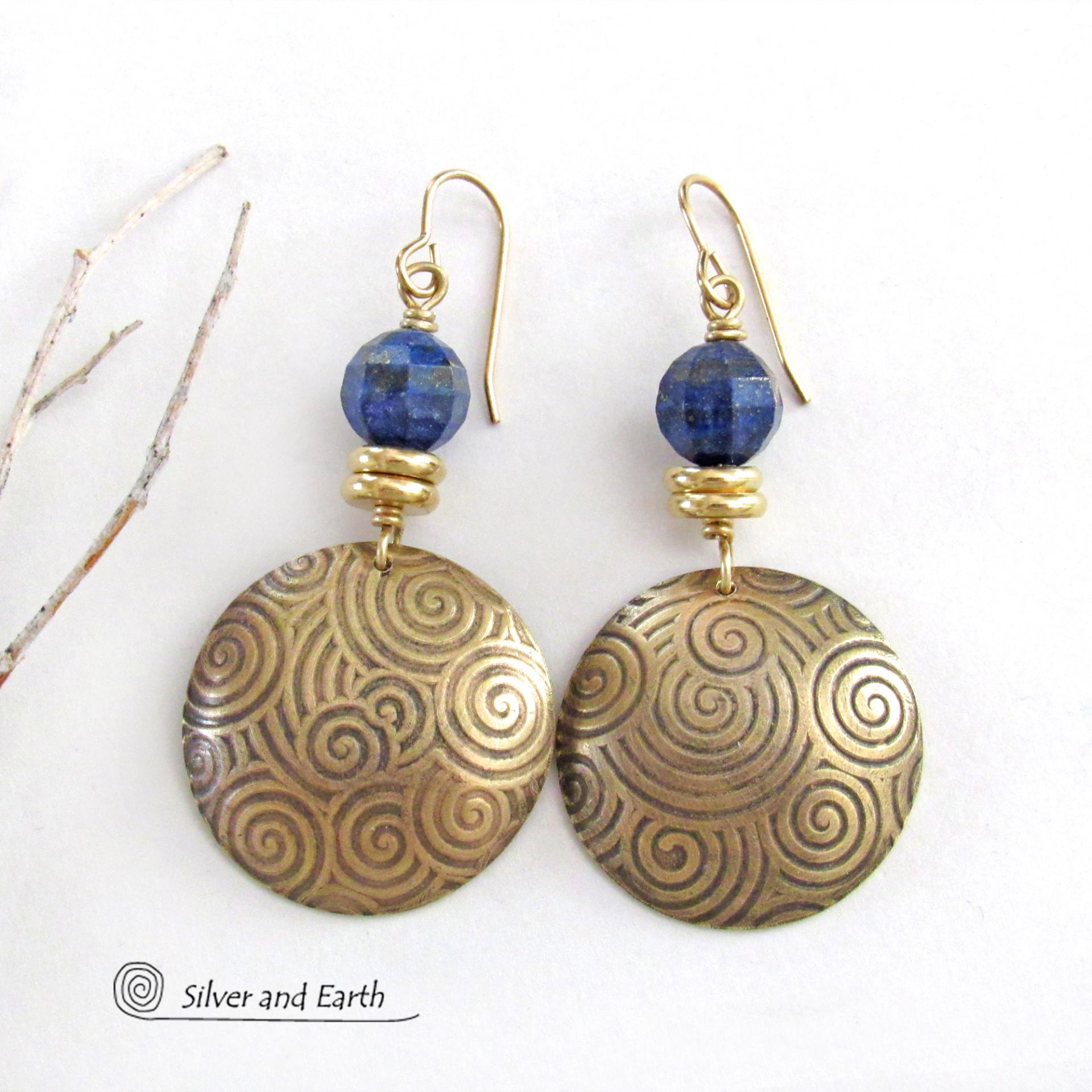 Gold Brass Spiral Earrings with Faceted Blue Lapis Lazuli Gemstones - Bold Exotic Egyptian Inspired Jewelry