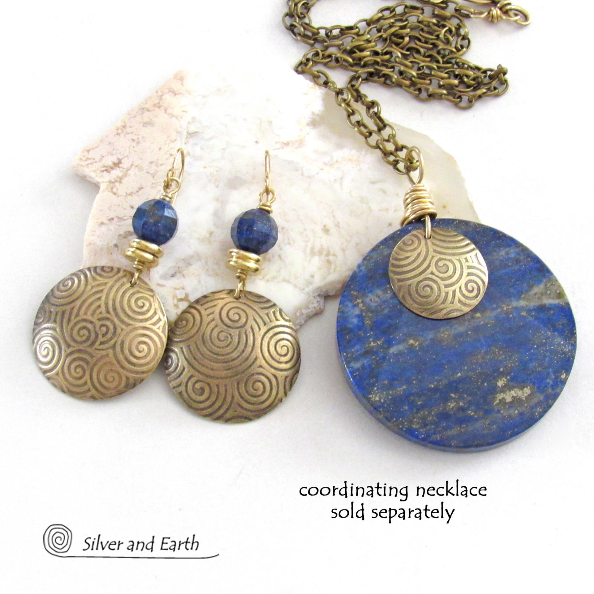Gold Brass Spiral Earrings with Faceted Blue Lapis Lazuli Gemstones - Bold Exotic Egyptian Inspired Jewelry