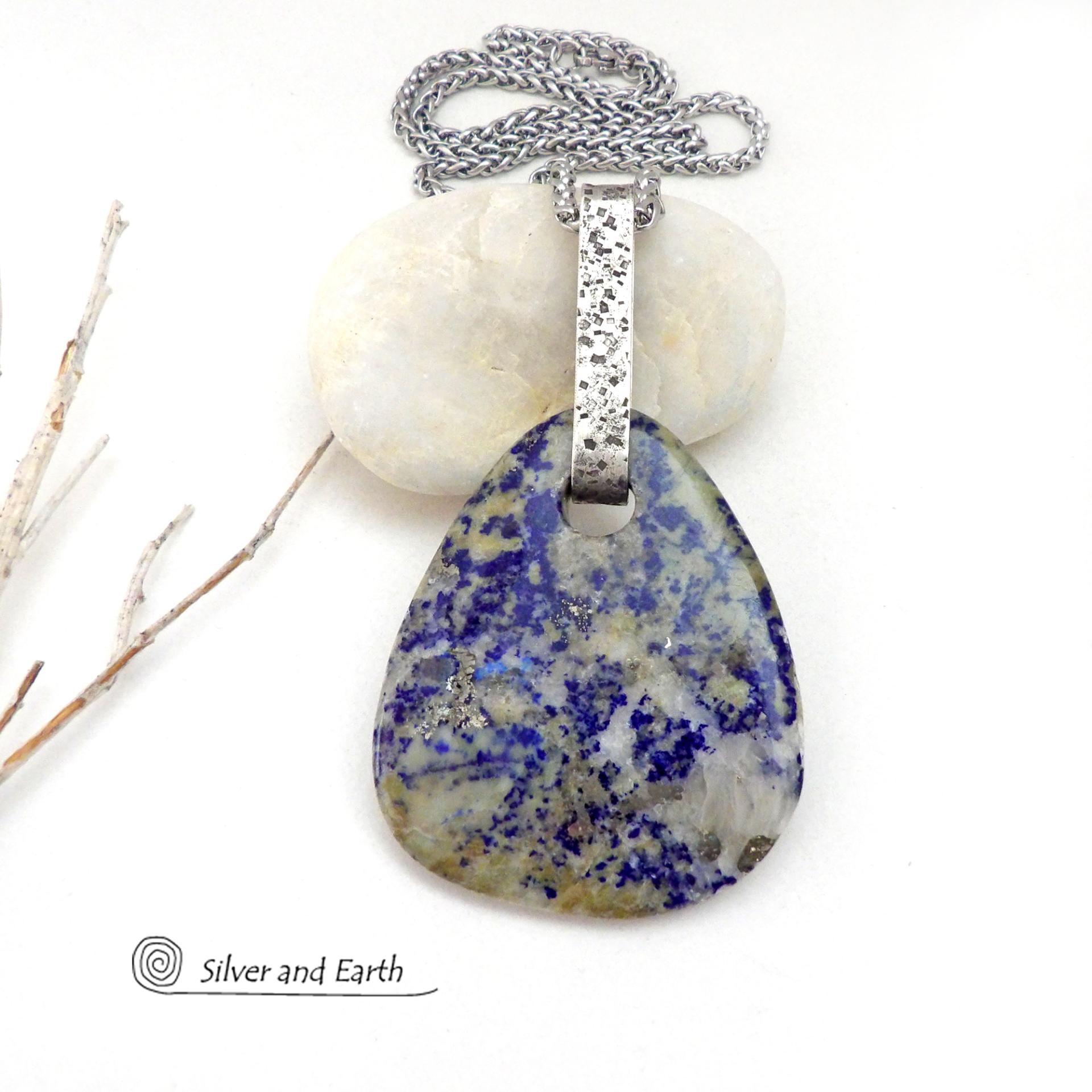 Blue Lapis Lazuli in Calcite Sterling Silver Pendant Necklace - One of a Kind Bold Modern Natural Gemstone Jewelry