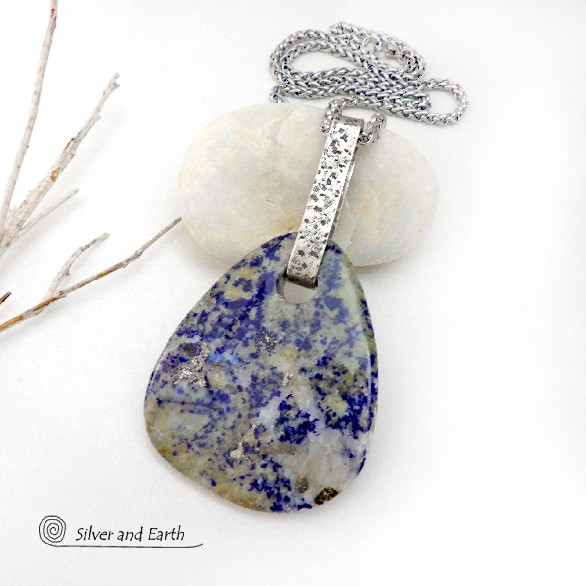 Blue Lapis Lazuli in Calcite Sterling Silver Pendant Necklace - One of a Kind Bold Modern Natural Gemstone Jewelry