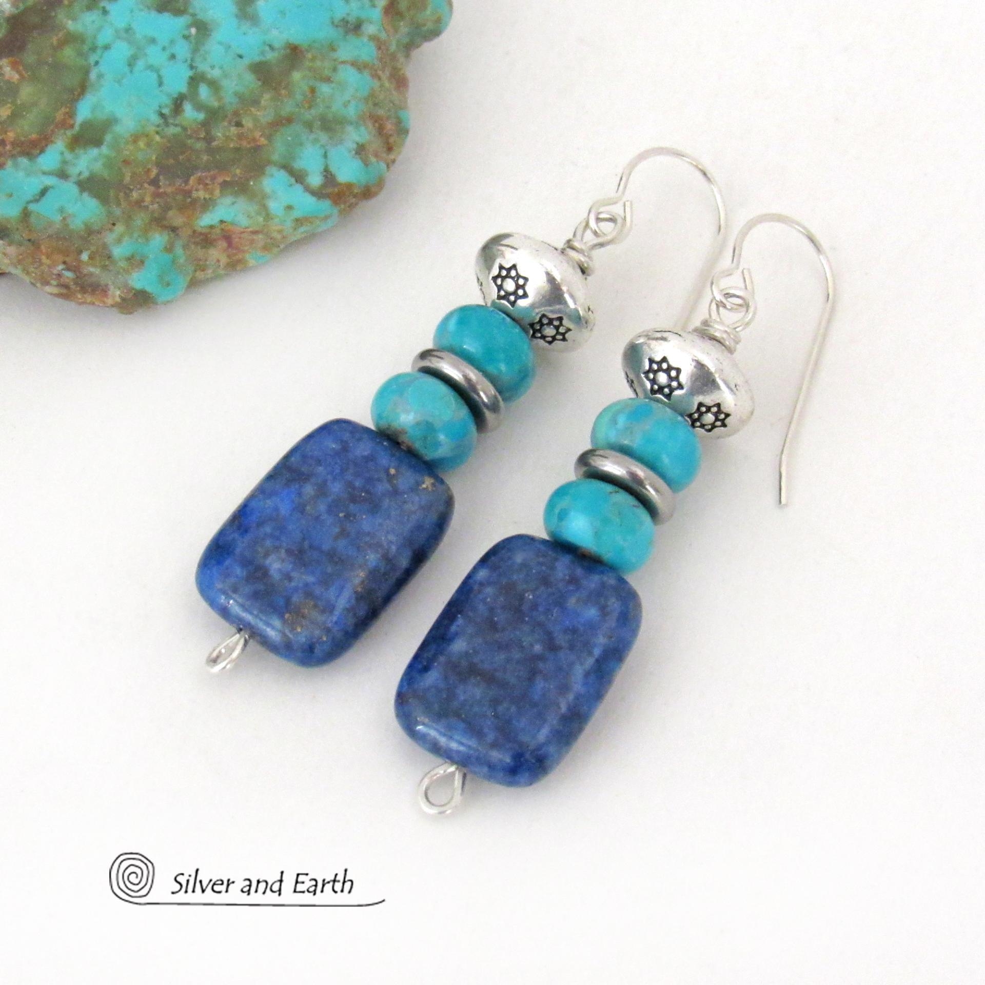 Lapis Lazuli and Turquoise Earrings with Silver Tone Beads - Southwestern Style Jewelry