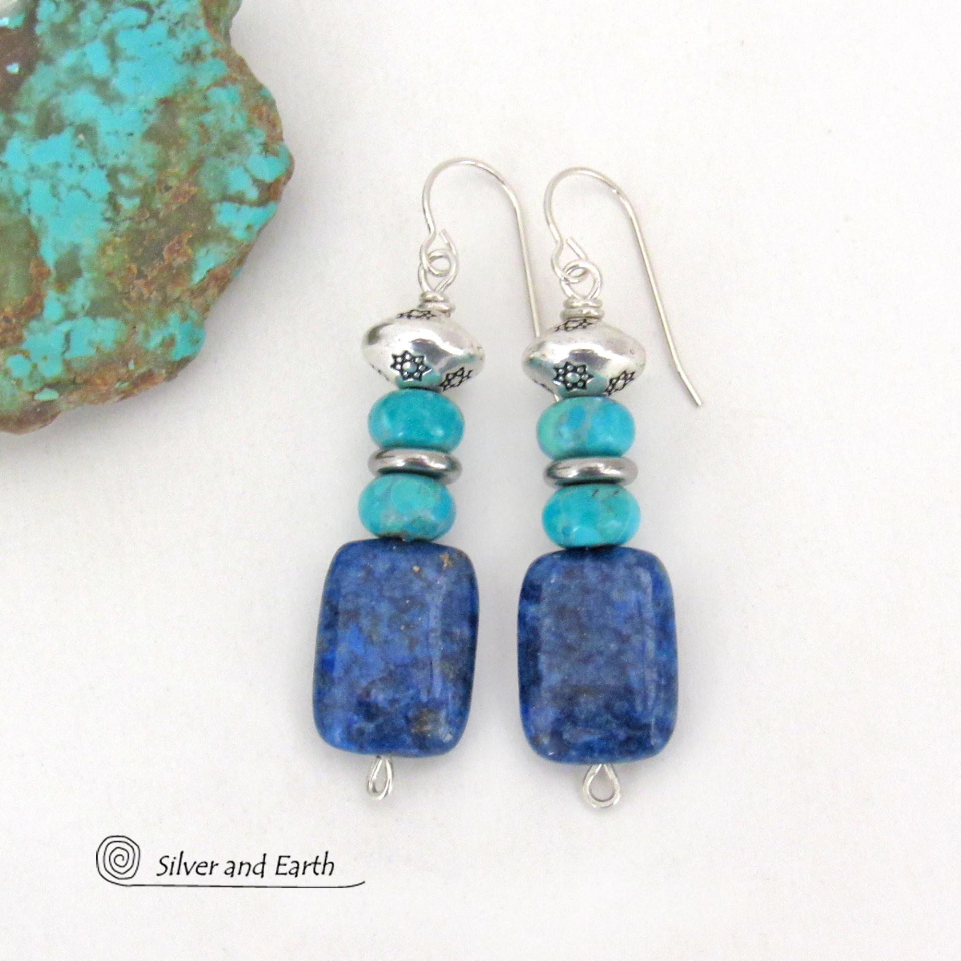 Lapis Lazuli and Turquoise Earrings with Silver Tone Beads - Southwestern Style Jewelry