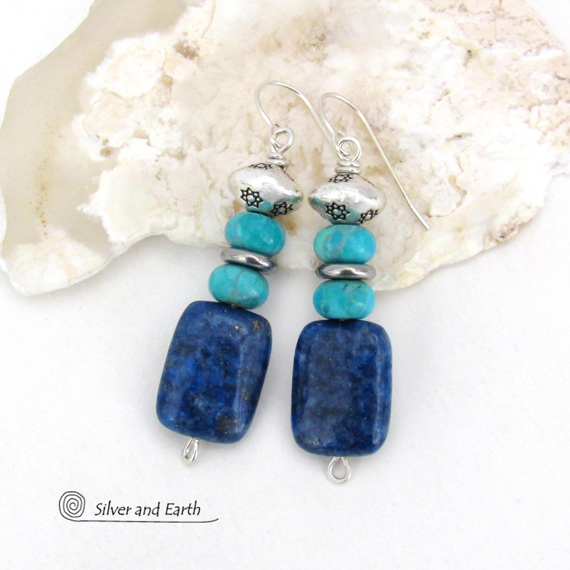 Lapis Lazuli and Turquoise Earrings with Silver Tone Beads - Southwestern Style Jewelry