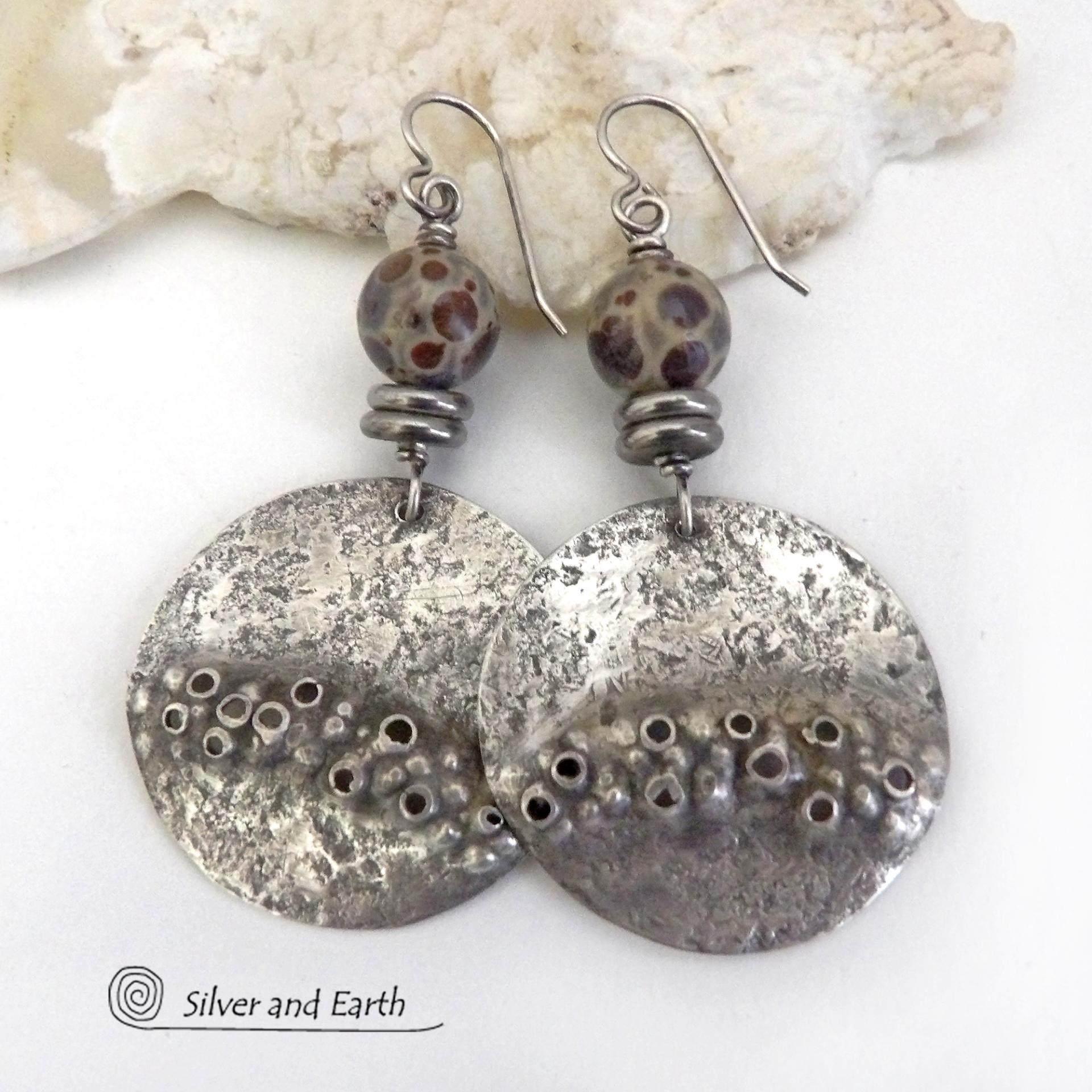 Large Sterling Silver Earrings with Rustic Hammered Texture and Spotted Asteroid Jasper Stones