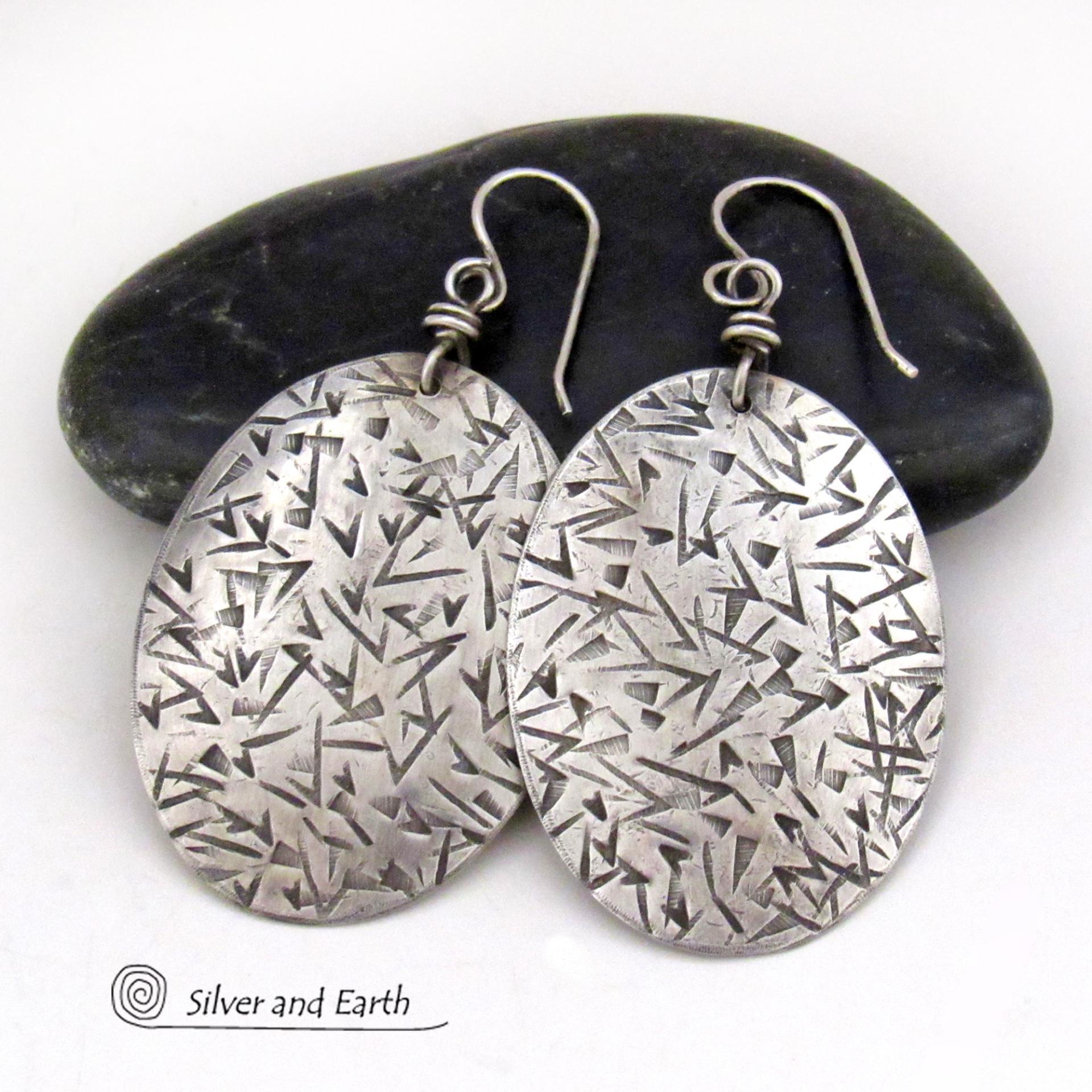 Large Modern Sterling Silver Oval Dangle Earrings with Hand Stamped Texture