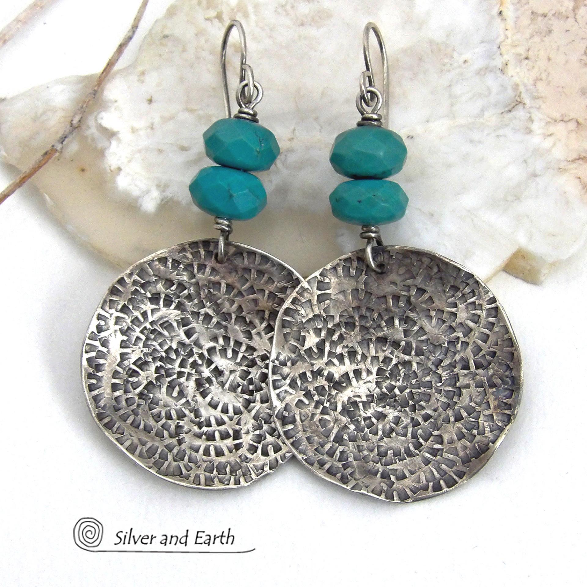 These handcrafted earrings feature large sterling silver round dangles with a hand stamped texture accented with natural turquoise gemstones with a faceted finish. Big and bold, they have a modern style with southwestern flair that looks great with all wardrobe types. Perfect for women that love large earrings and bold statement jewelry. Handmade in the USA by Silver and Earth Jewelry, a New Mexico True Certified business.