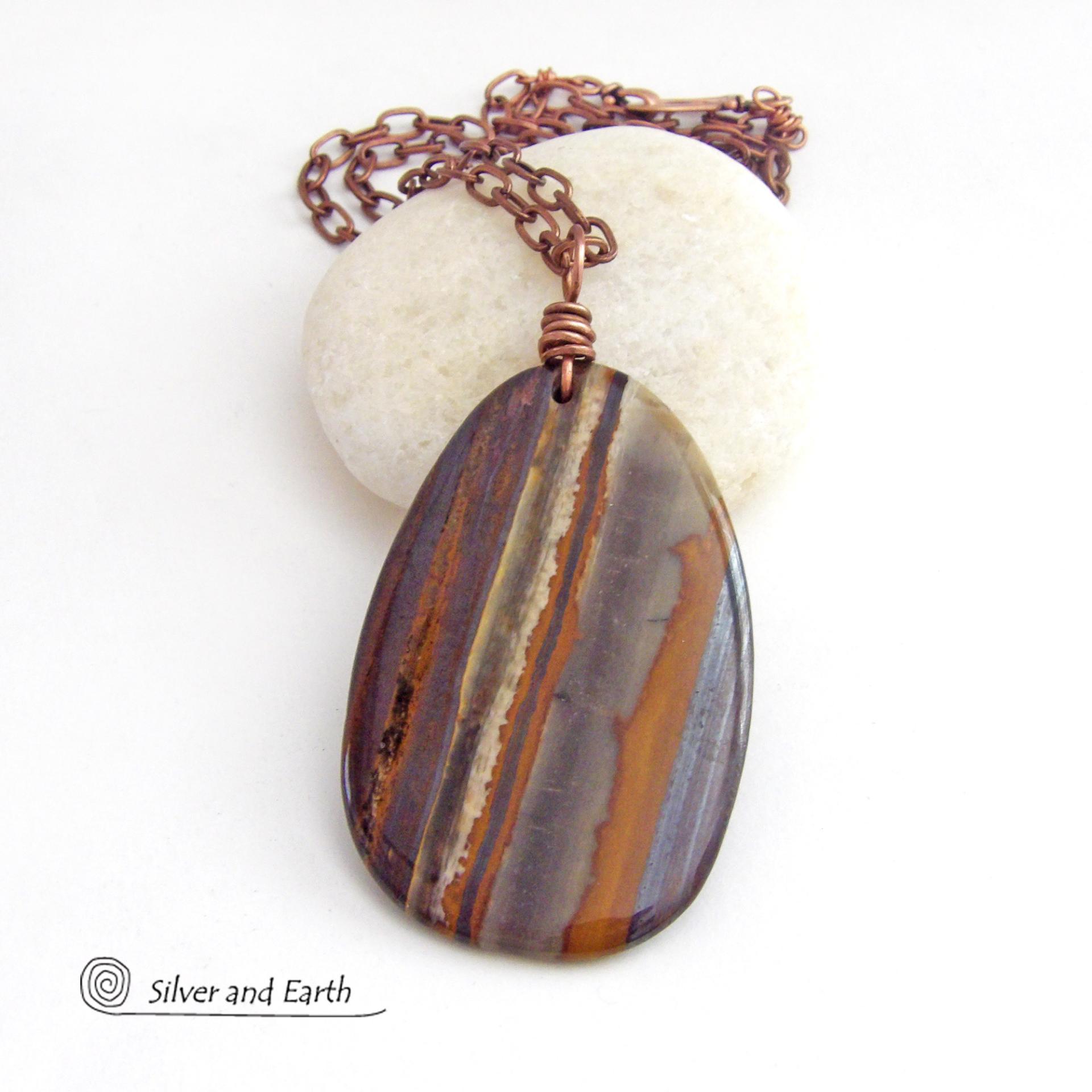 Large Tiger Iron Gemstone Pendant on Copper Chain Necklace - One of a Kind Earthy Natural Stone Jewelry