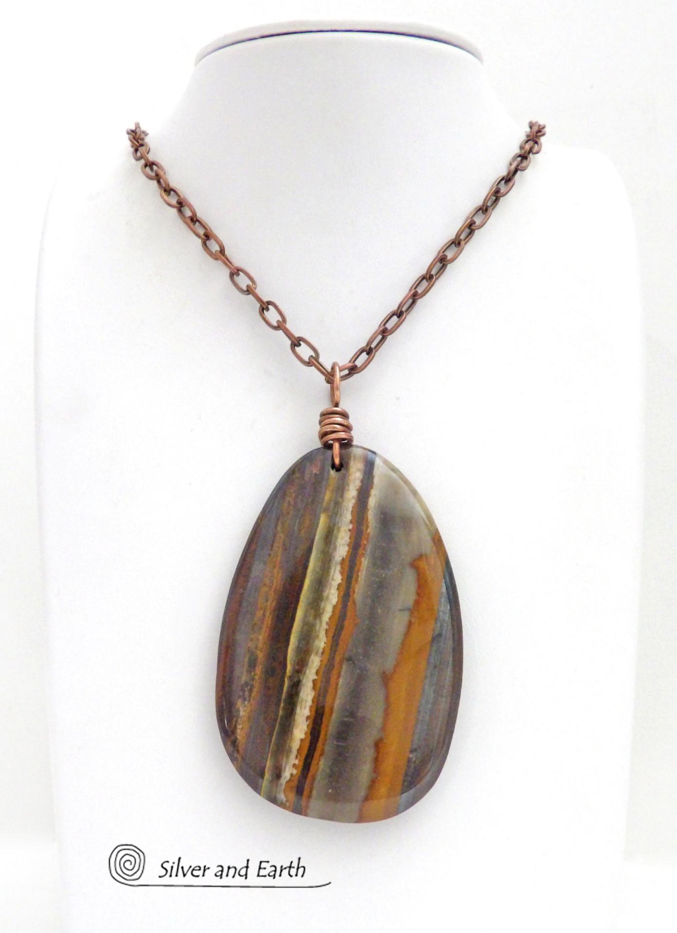 Large Tiger Iron Gemstone Pendant on Copper Chain Necklace - One of a Kind Earthy Natural Stone Jewelry