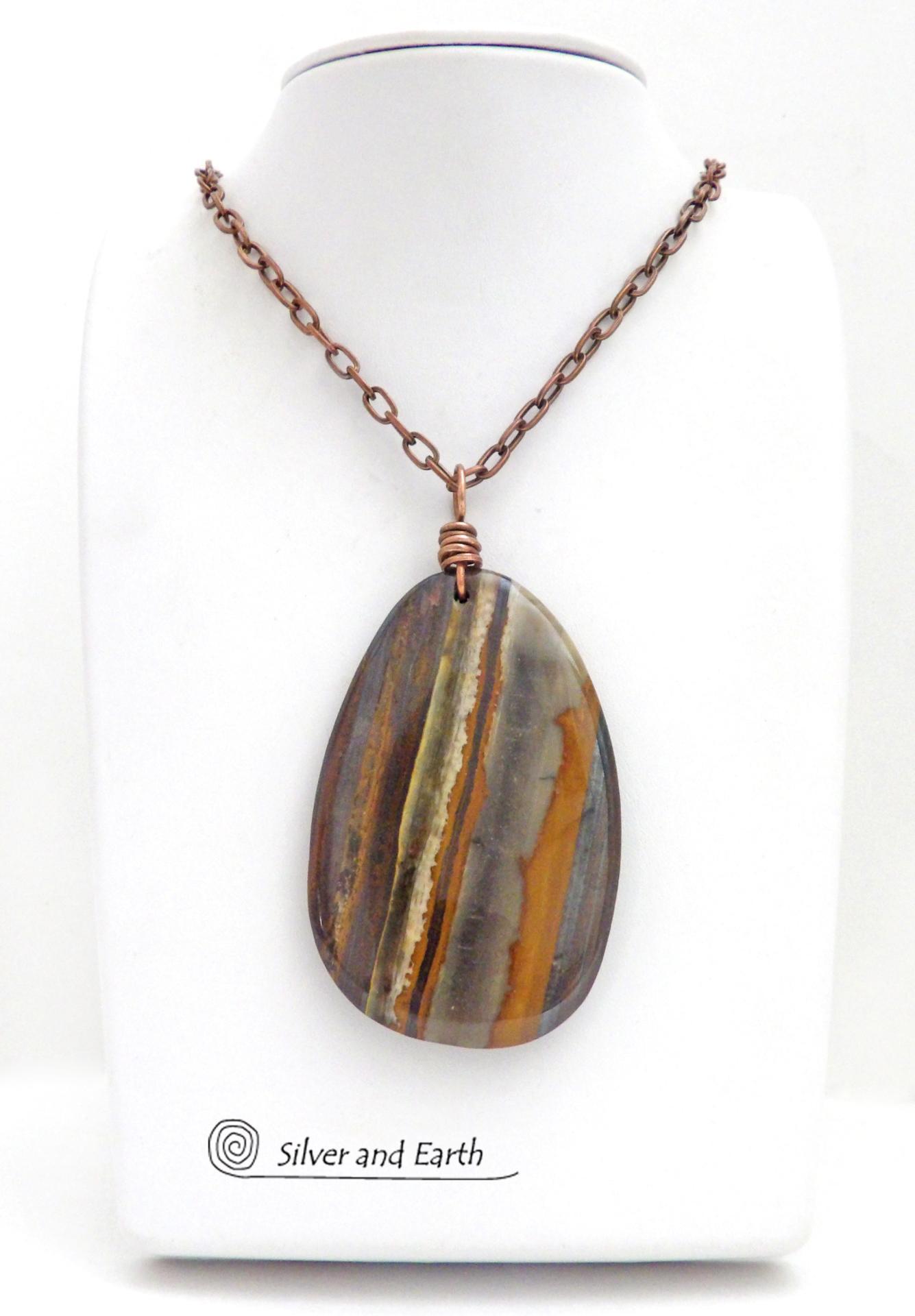 Large Tiger Iron Gemstone Pendant on Copper Chain Necklace - One of a Kind Earthy Natural Stone Jewelry