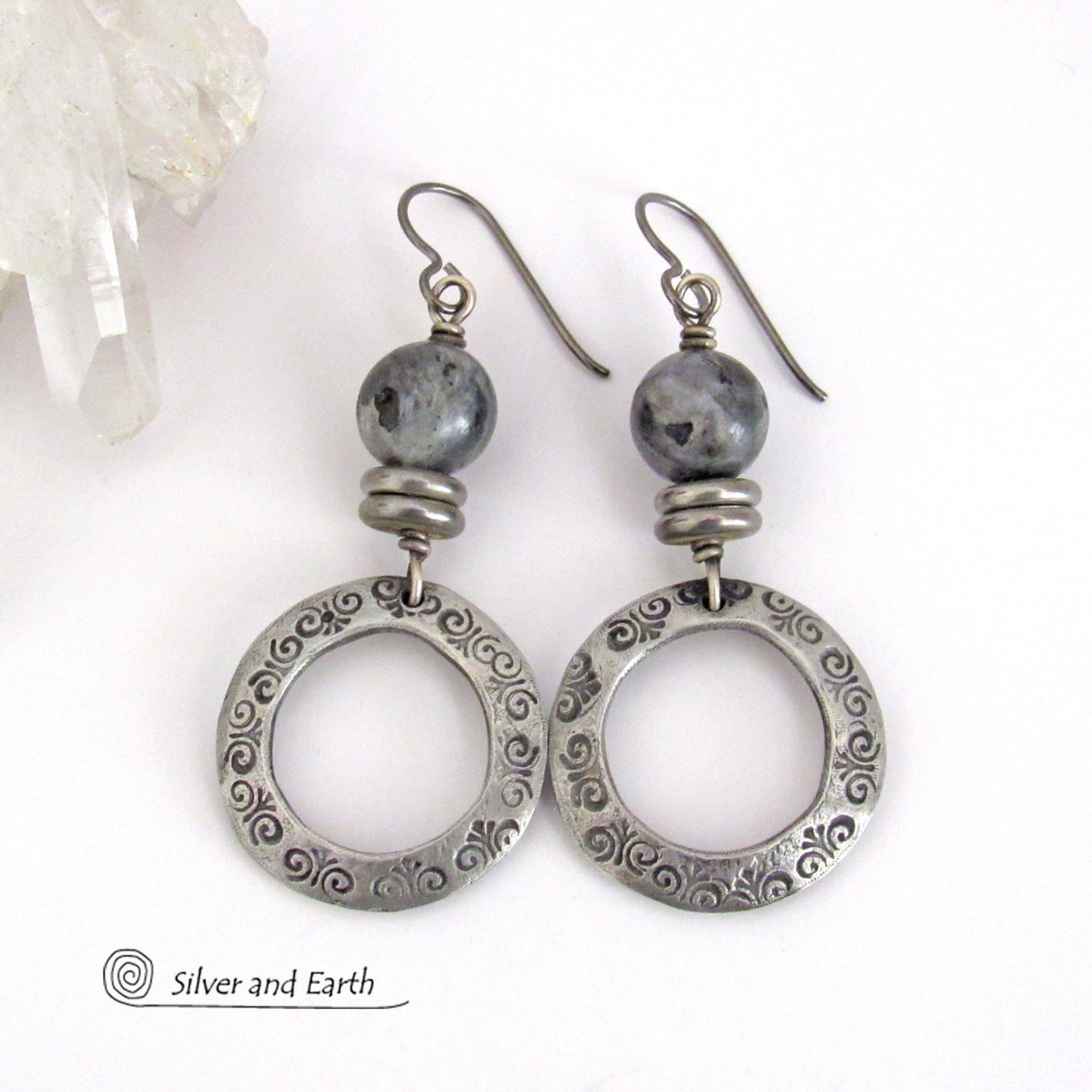 Silver Pewter Hoop Earrings with Larvikite Gemstones - Black Labradorite / Norwegian Moonstone Jewelry