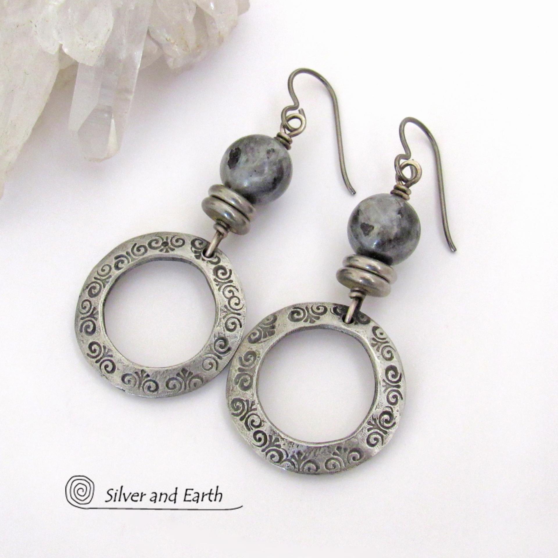 Silver Pewter Hoop Earrings with Larvikite Gemstones - Black Labradorite / Norwegian Moonstone Jewelry