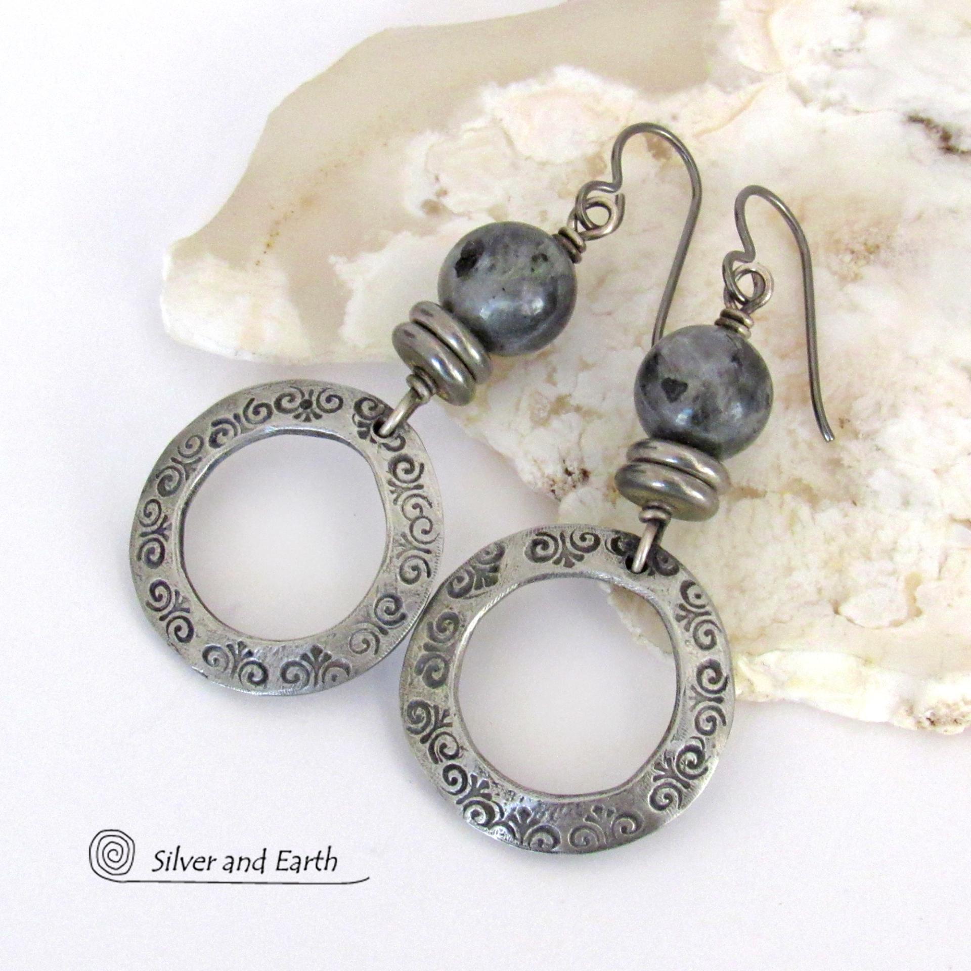 Silver Pewter Hoop Earrings with Larvikite Gemstones - Black Labradorite / Norwegian Moonstone Jewelry