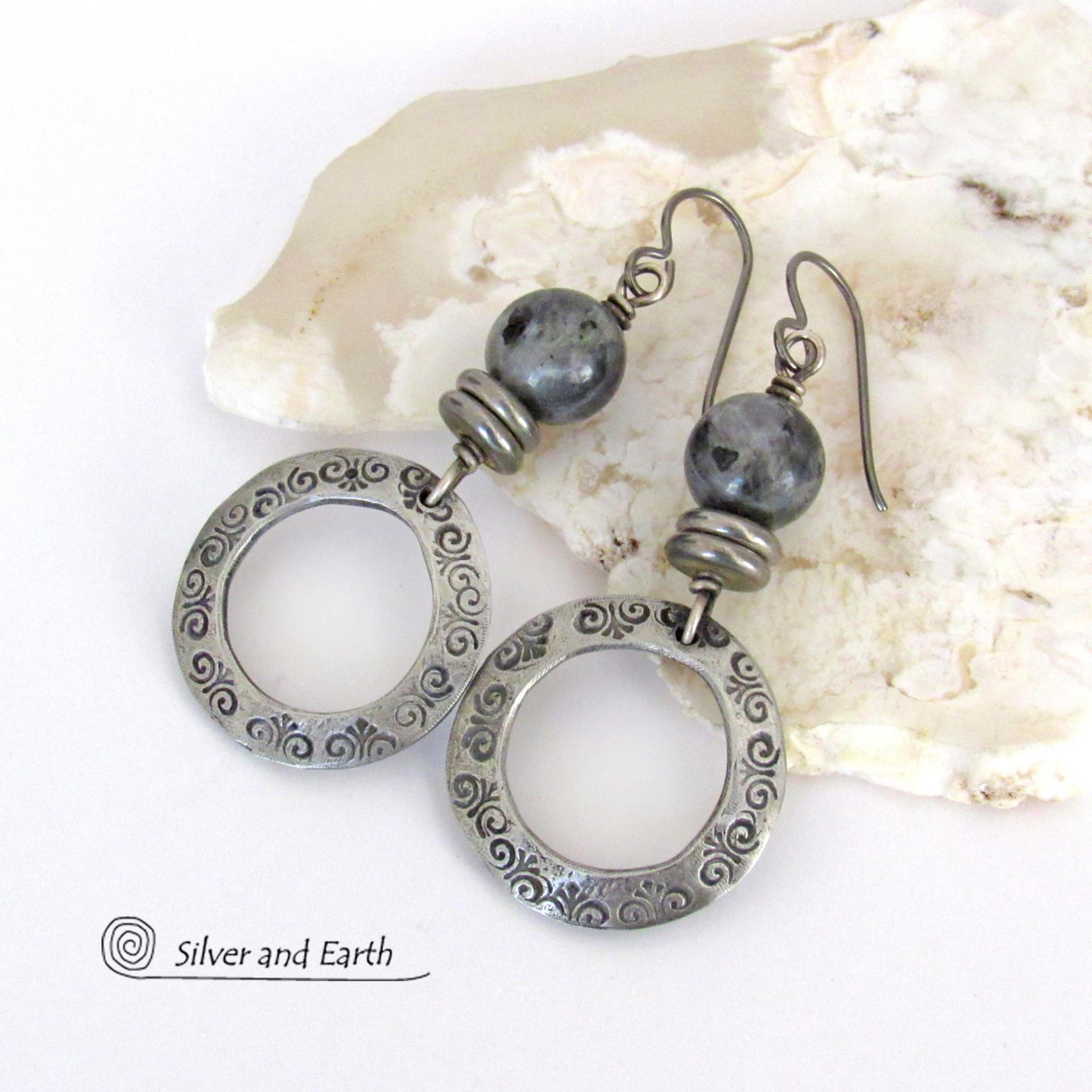 Silver Pewter Hoop Earrings with Larvikite Gemstones - Black Labradorite / Norwegian Moonstone Jewelry