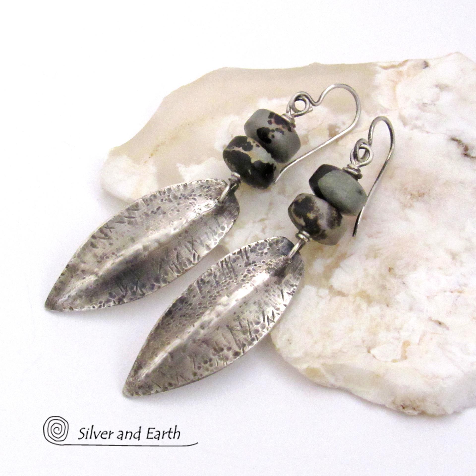 Hammered Sterling Silver Dangle Earrings with Gray Black Paintbrush Jasper Stones