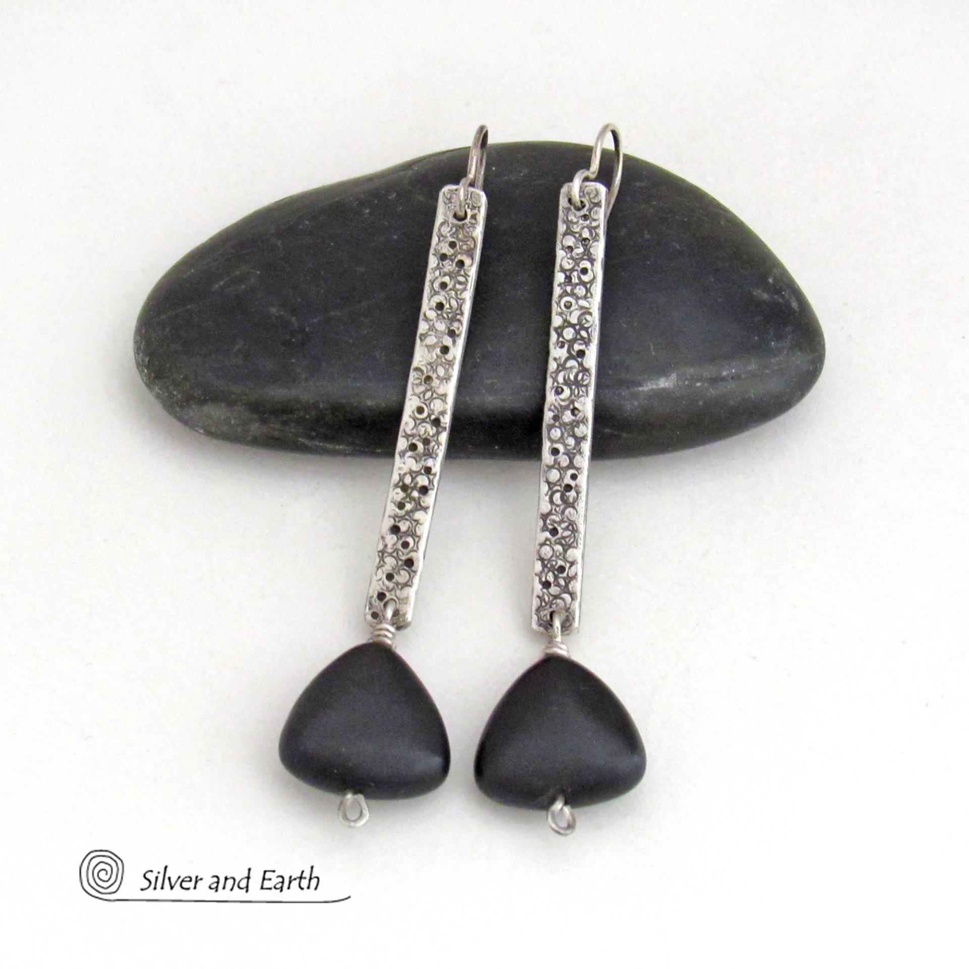 Long Sterling Silver Stick Earrings with Matte Black Onyx Triangle Stone Dangles - Artisan Handcrafted Bold Contemporary Modern Jewelry