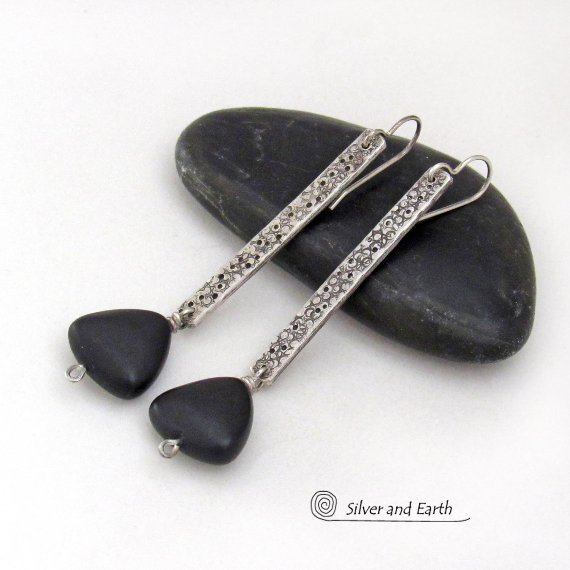 Long Sterling Silver Stick Earrings with Matte Black Onyx Triangle Stone Dangles - Artisan Handcrafted Bold Contemporary Modern Jewelry