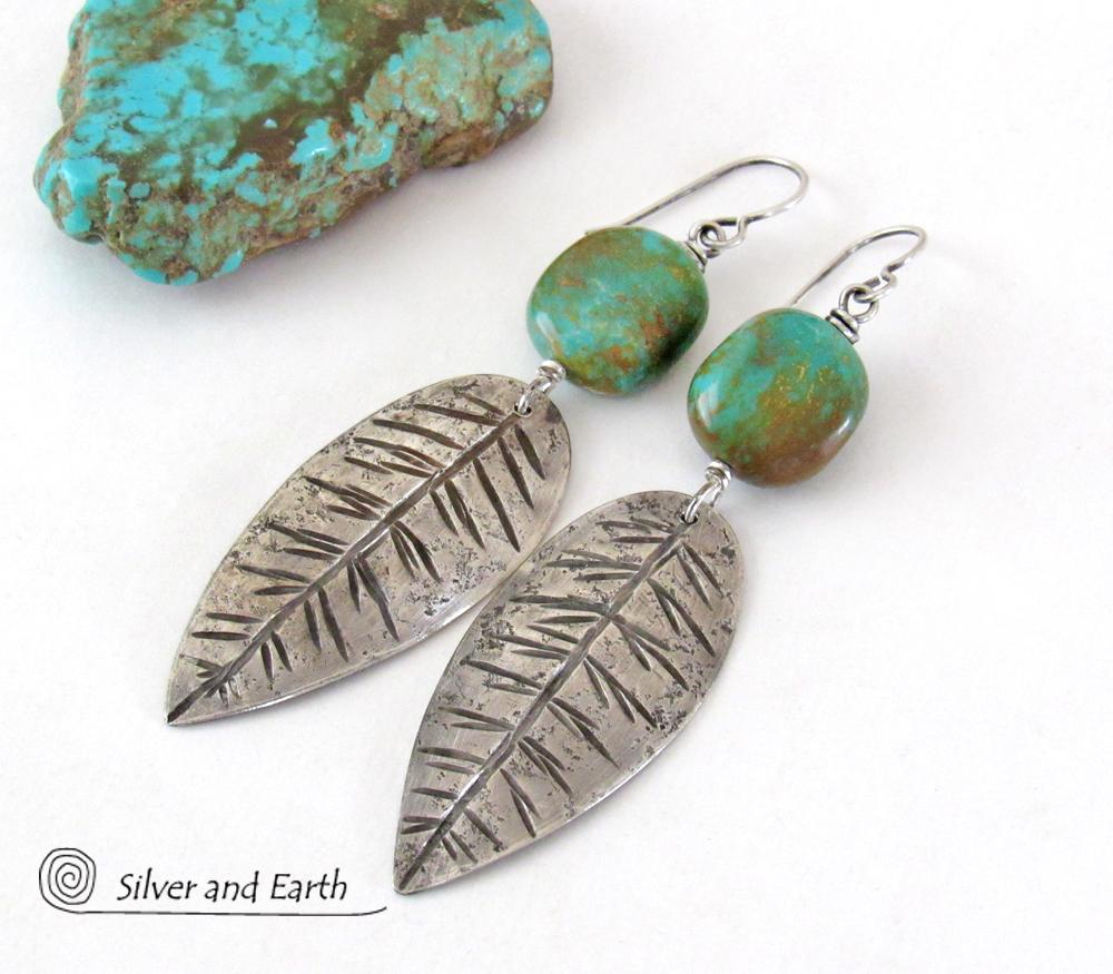 Long Turquoise and Sterling Silver Feather Earrings – Silver Eagle Gallery