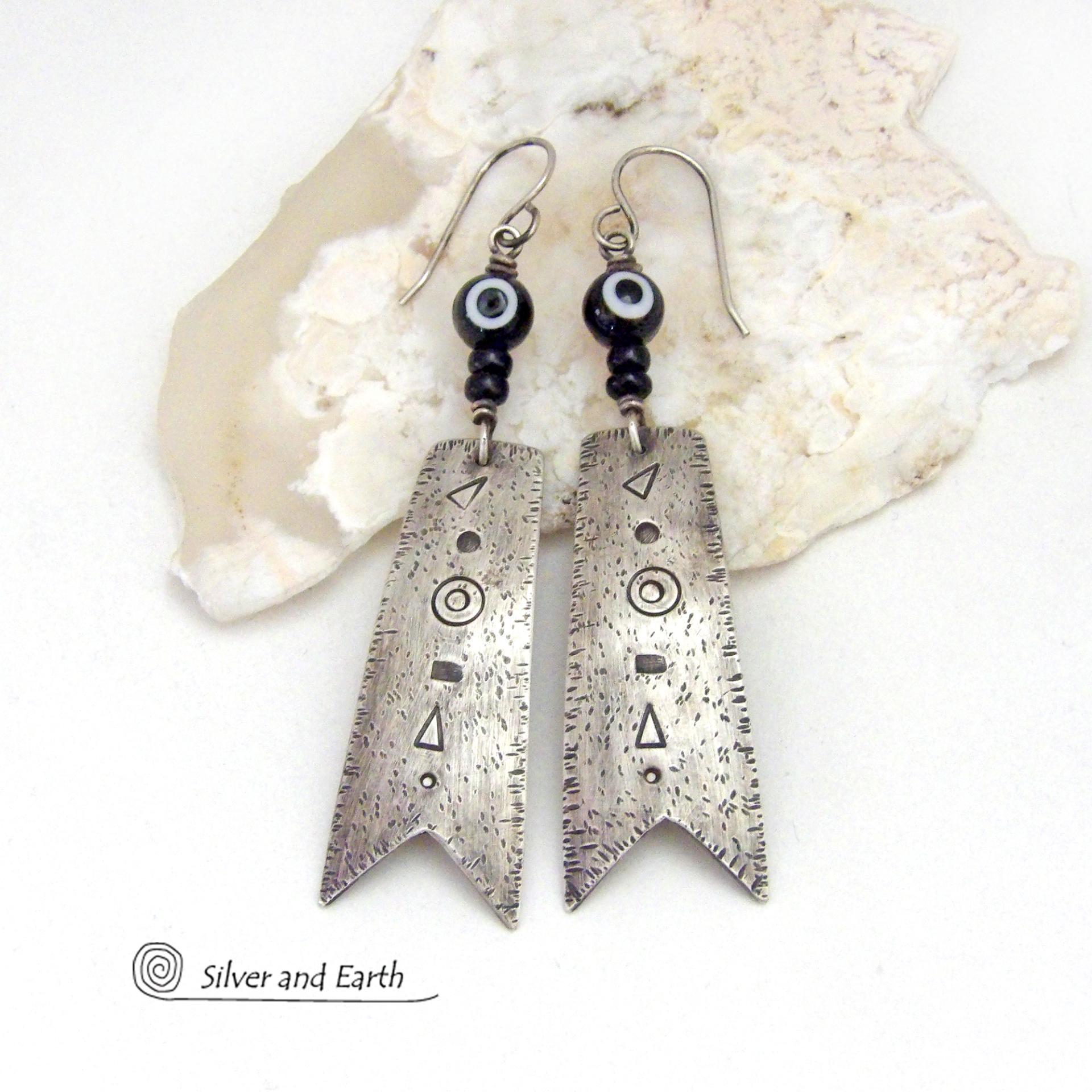 Long Oxidized Sterling Silver Earrings with Hand Stamped Texture - Bold Modern Edgy Tribal Style Jewelry