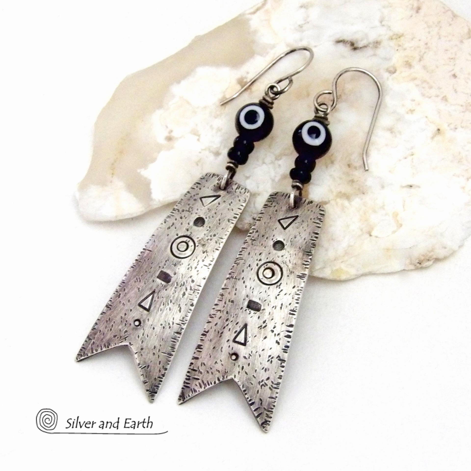 Long Oxidized Sterling Silver Earrings with Hand Stamped Texture - Bold Modern Edgy Tribal Style Jewelry
