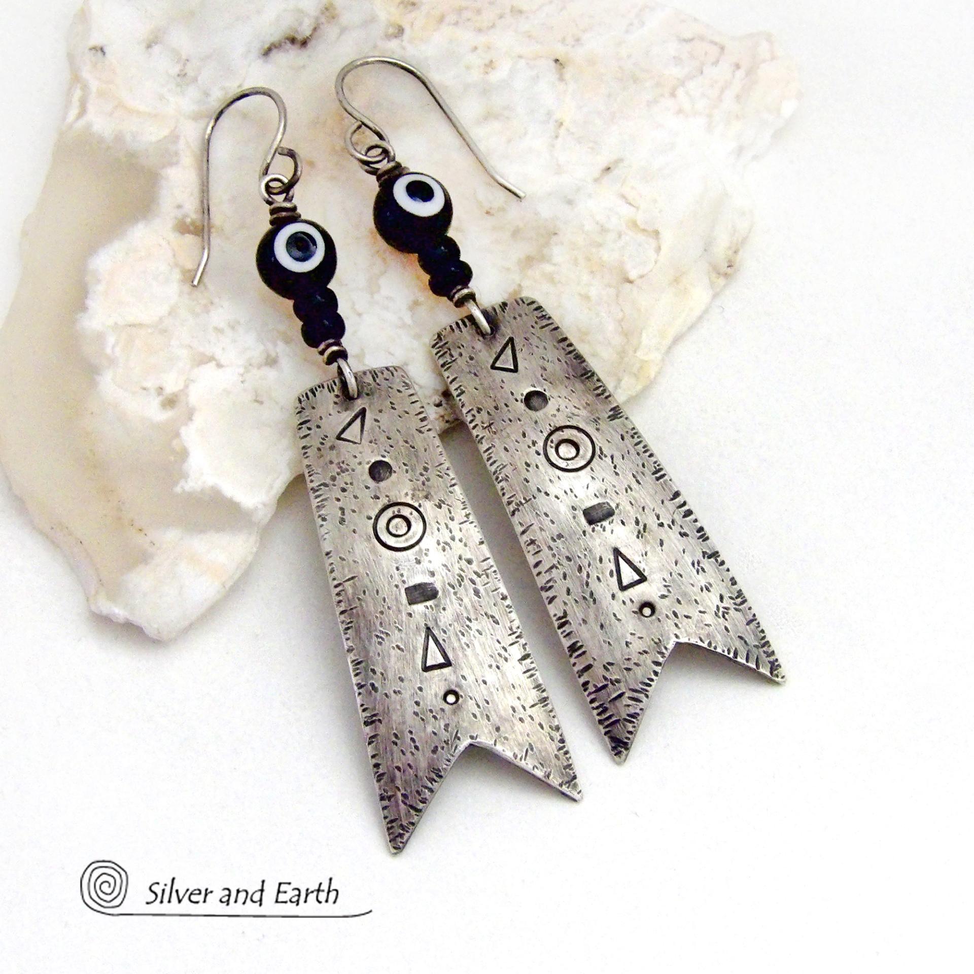 Long Oxidized Sterling Silver Earrings with Hand Stamped Texture - Bold Modern Edgy Tribal Style Jewelry