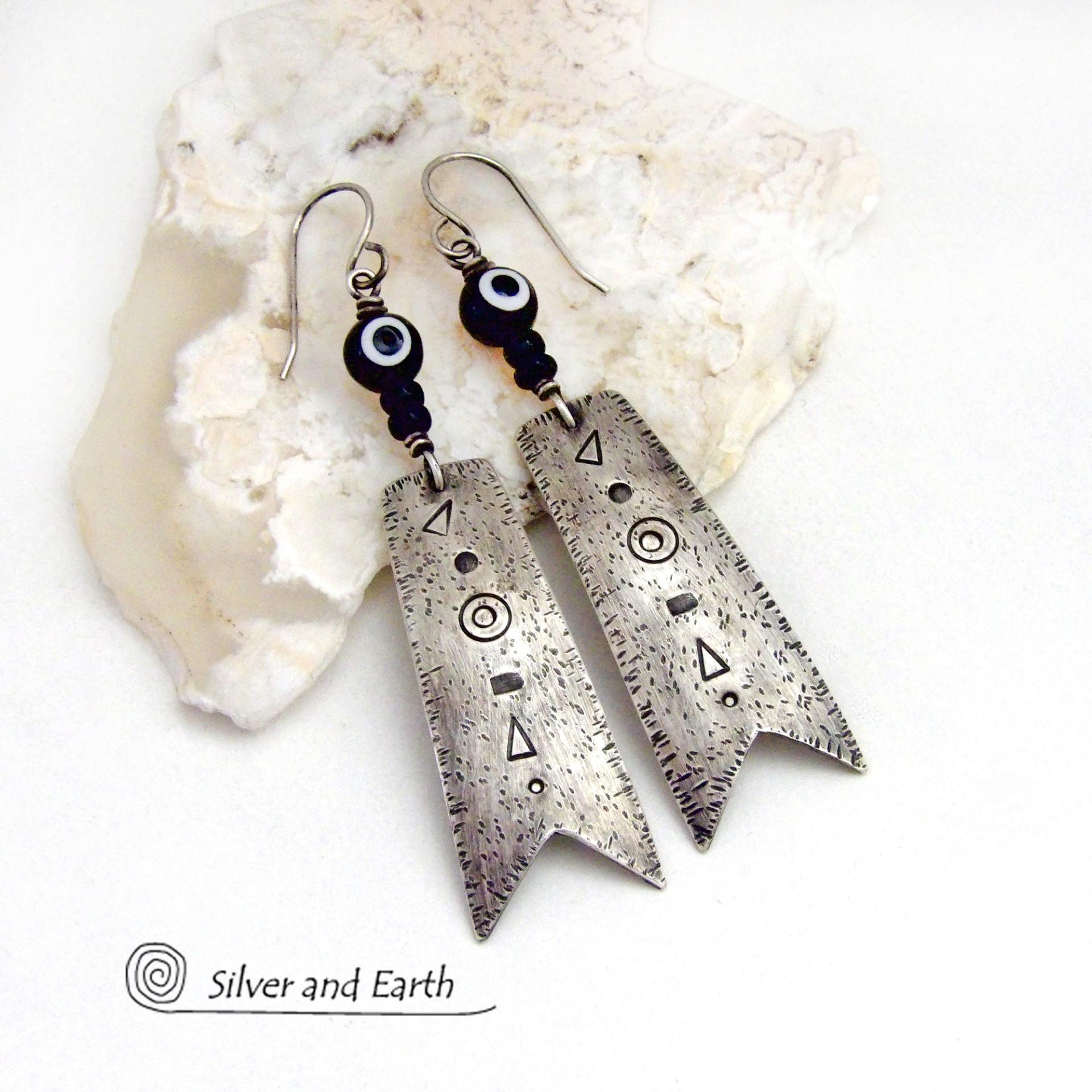 Long Oxidized Sterling Silver Earrings with Hand Stamped Texture - Bold Modern Edgy Tribal Style Jewelry