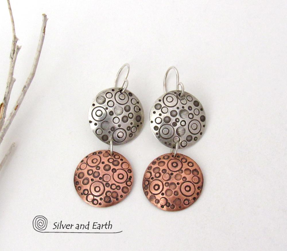 Sterling Silver and Copper Small Circle Hand Stamped Dangle Earrings - Artisan Handmade Modern Mixed Metal Jewelry