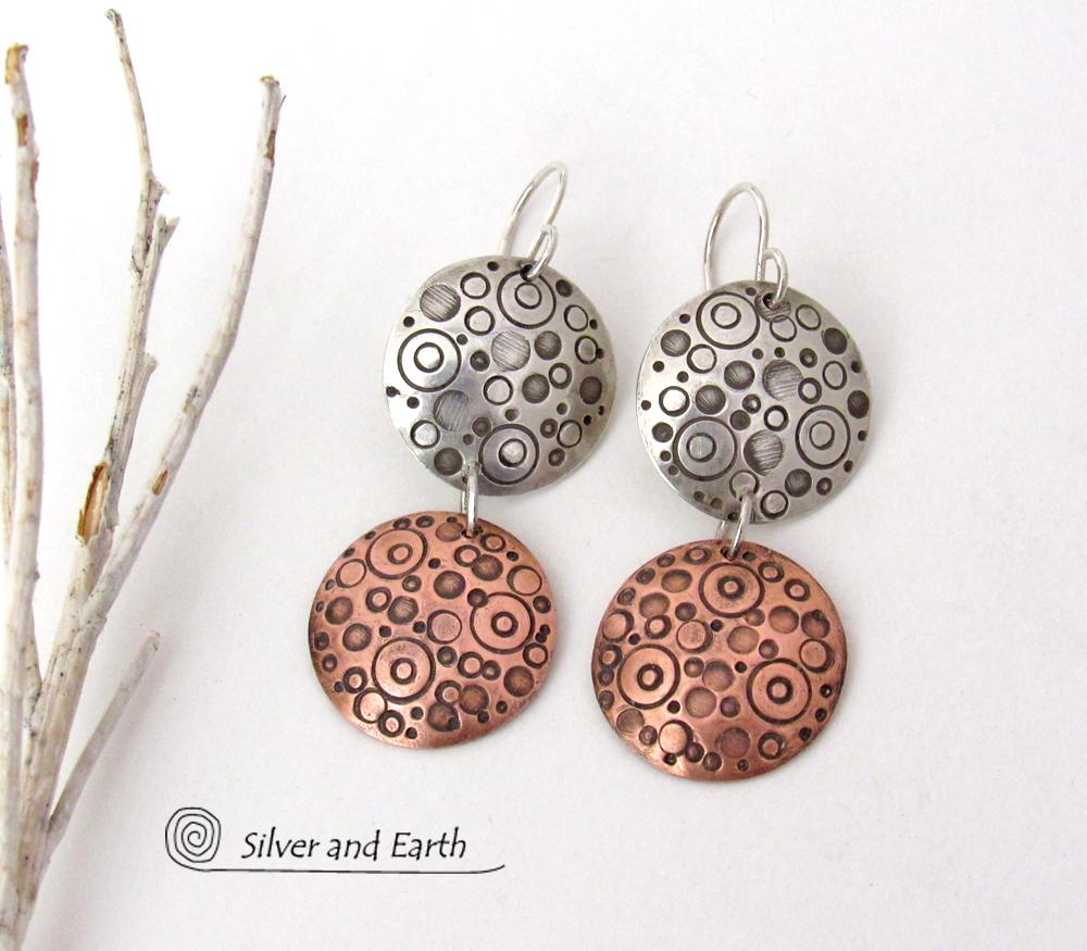 Sterling Silver and Copper Small Circle Hand Stamped Dangle Earrings - Artisan Handmade Modern Mixed Metal Jewelry