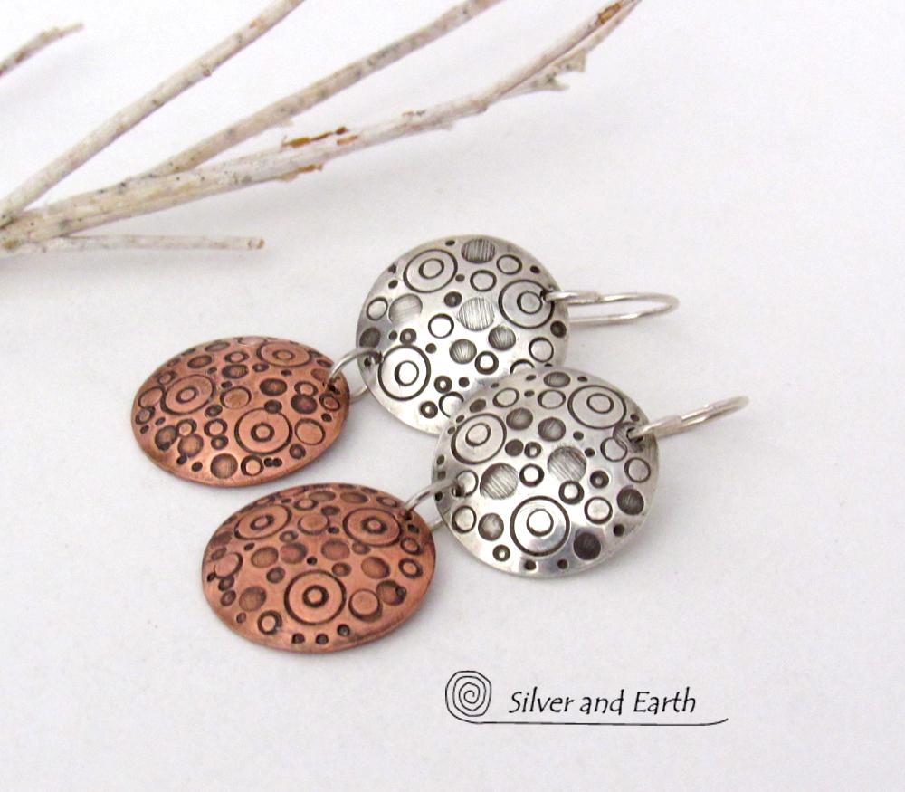 Sterling Silver and Copper Small Circle Hand Stamped Dangle Earrings - Artisan Handmade Modern Mixed Metal Jewelry