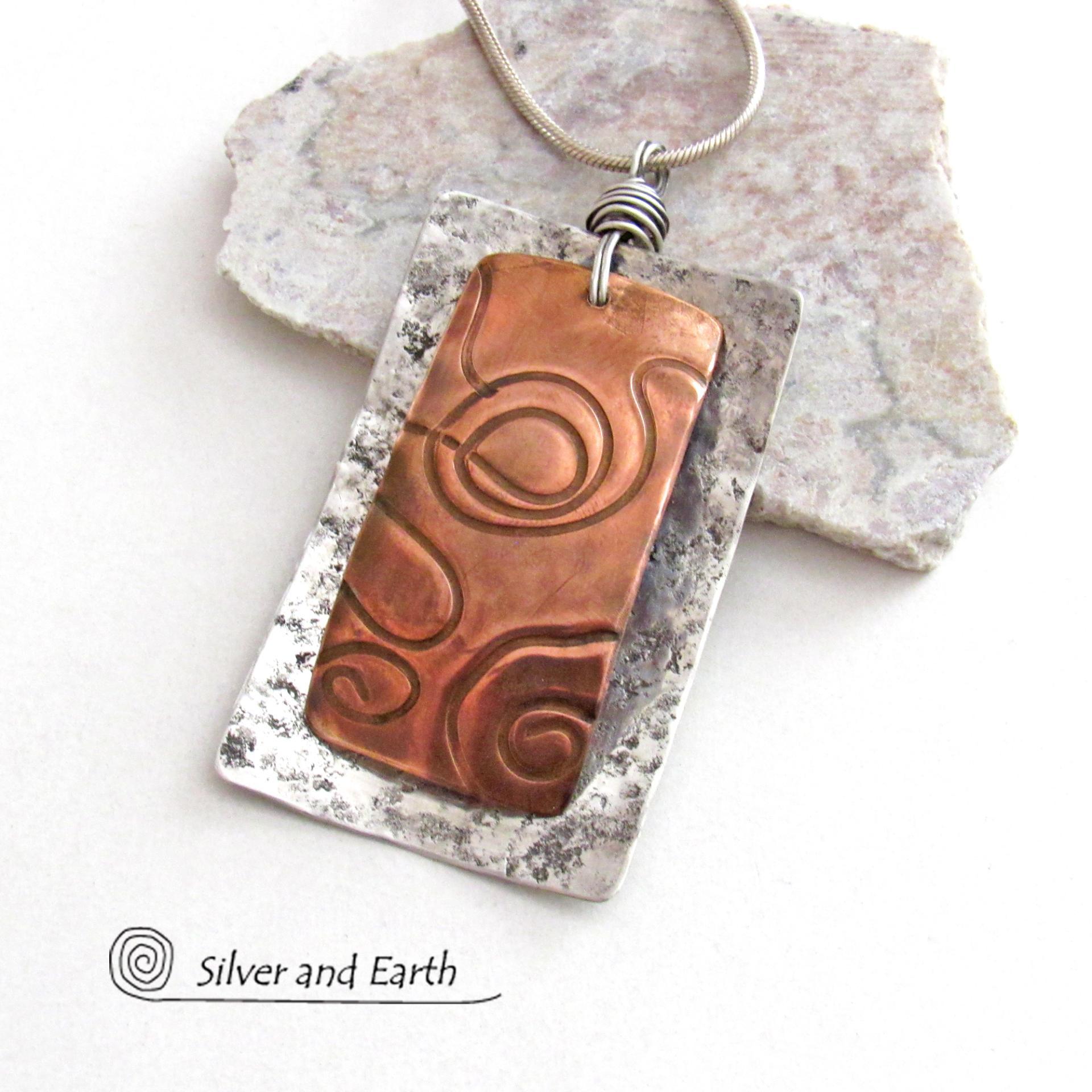 Mixed Metal Pendant Necklace with Textured Sterling Silver & Copper
