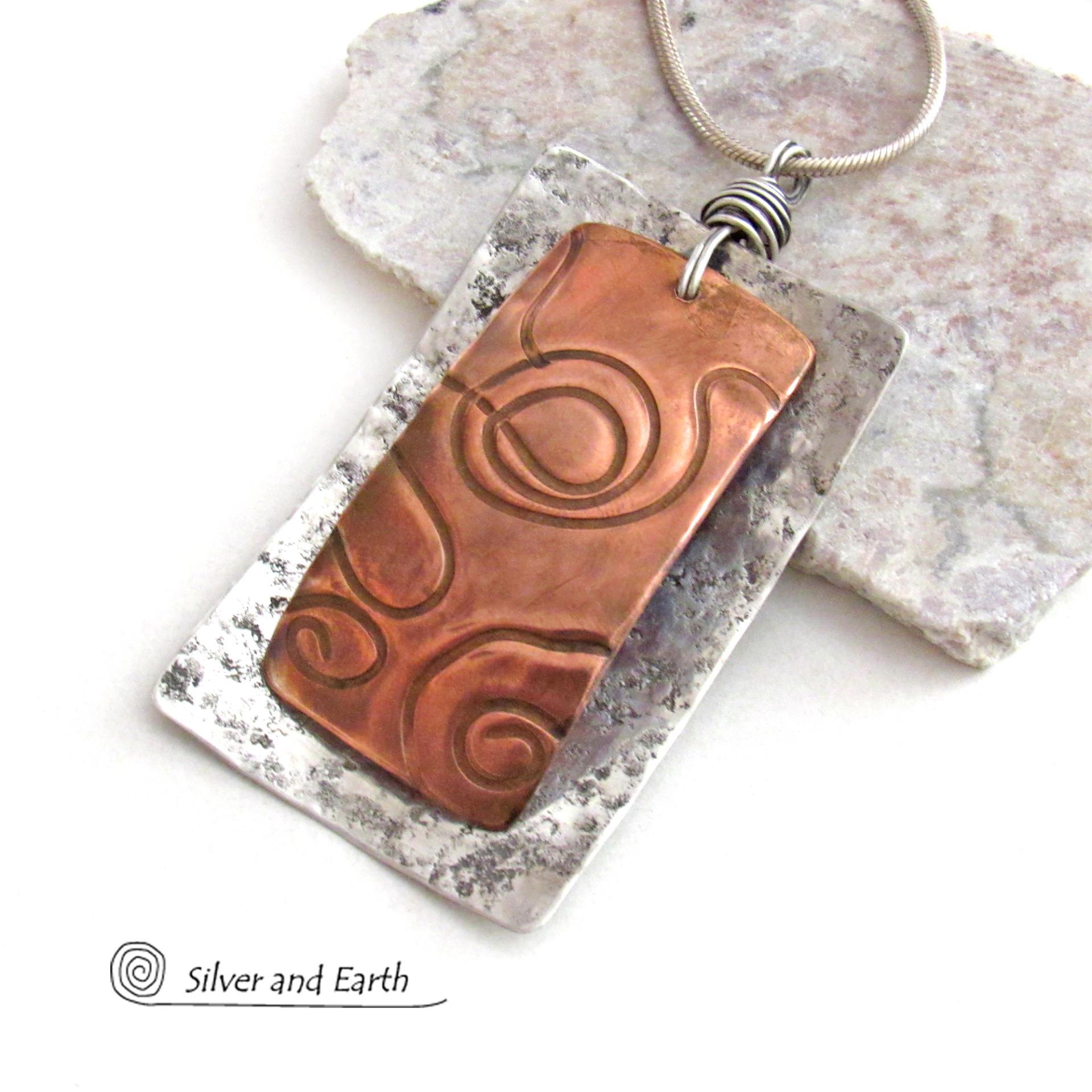 Mixed Metal Pendant Necklace with Textured Sterling Silver & Copper