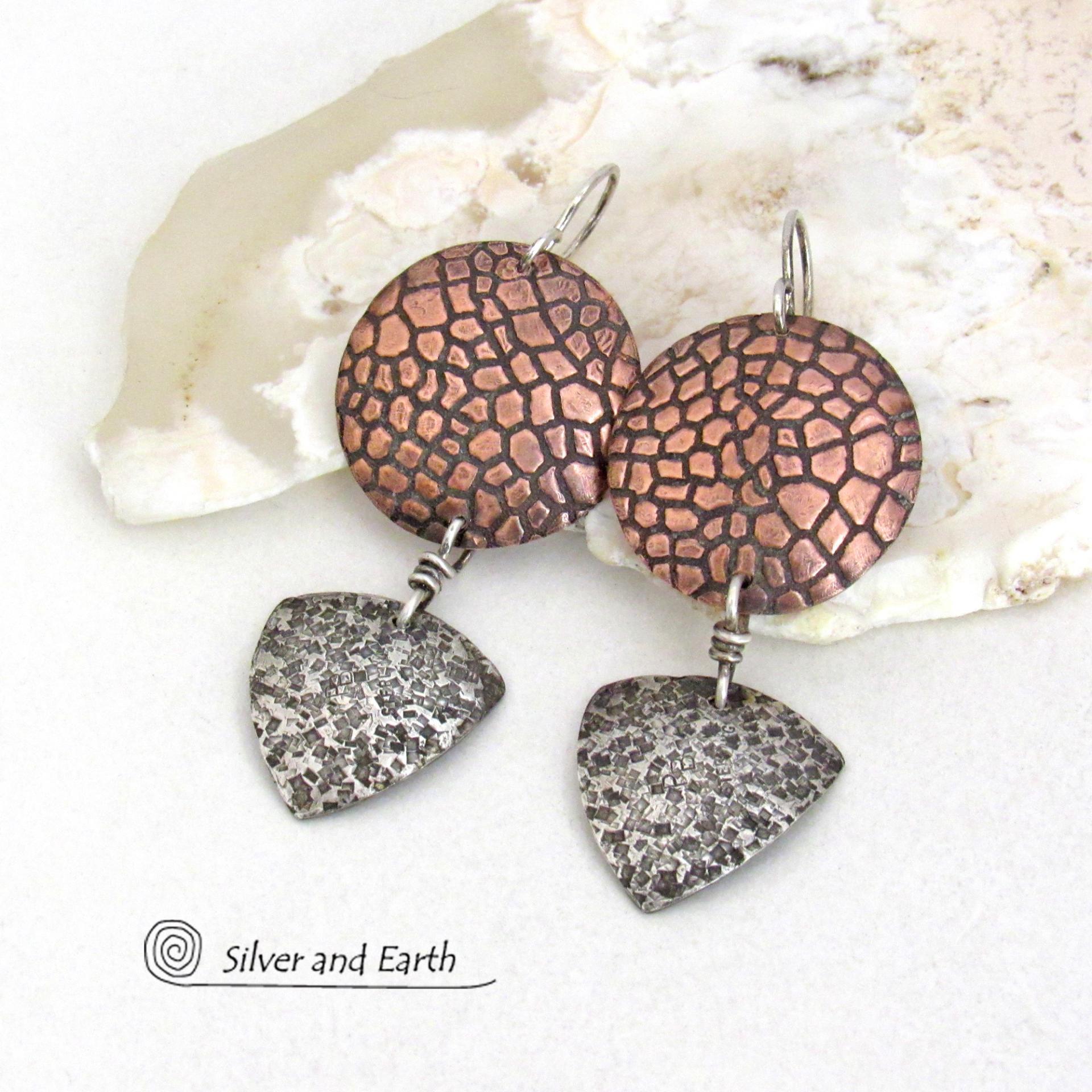 Textured Mixed Metal Copper and Sterling Silver Earrings - Modern Contemporary Artisan Handcrafted Jewelry
