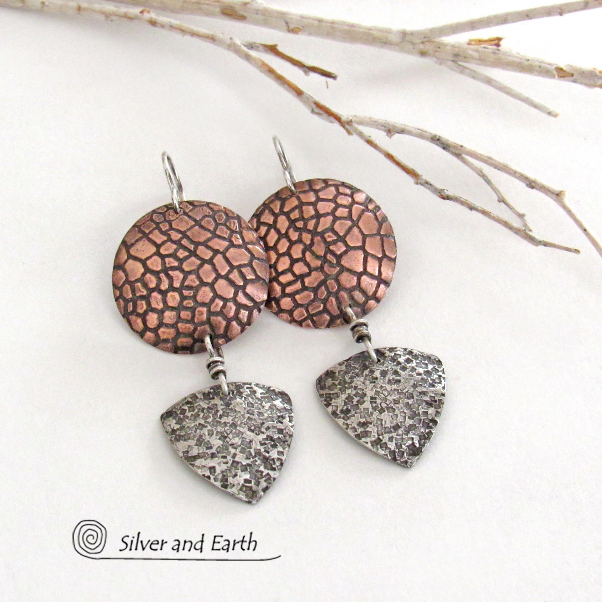 Textured Mixed Metal Copper and Sterling Silver Earrings - Modern Contemporary Artisan Handcrafted Jewelry
