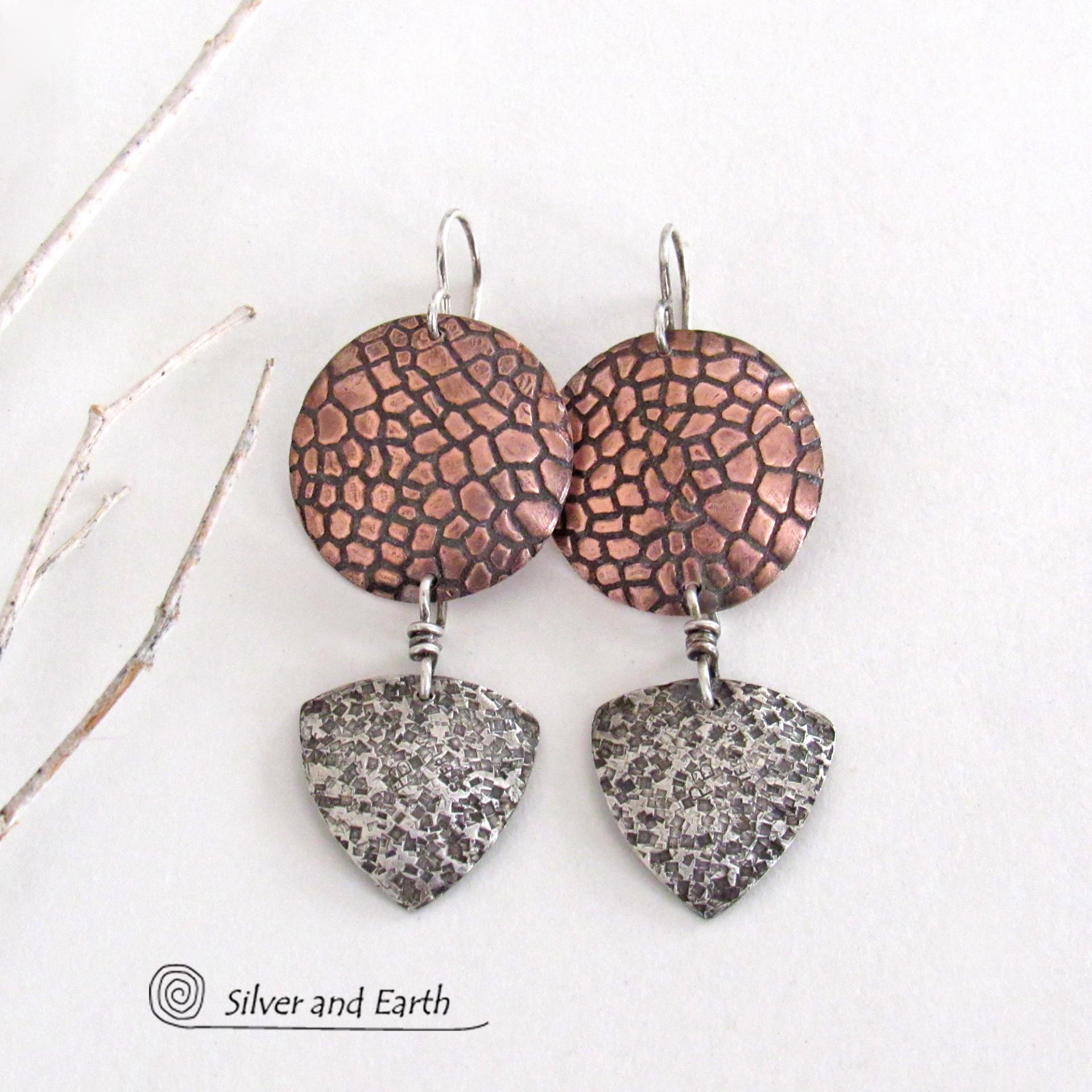 Textured Mixed Metal Copper and Sterling Silver Earrings - Modern Contemporary Artisan Handcrafted Jewelry