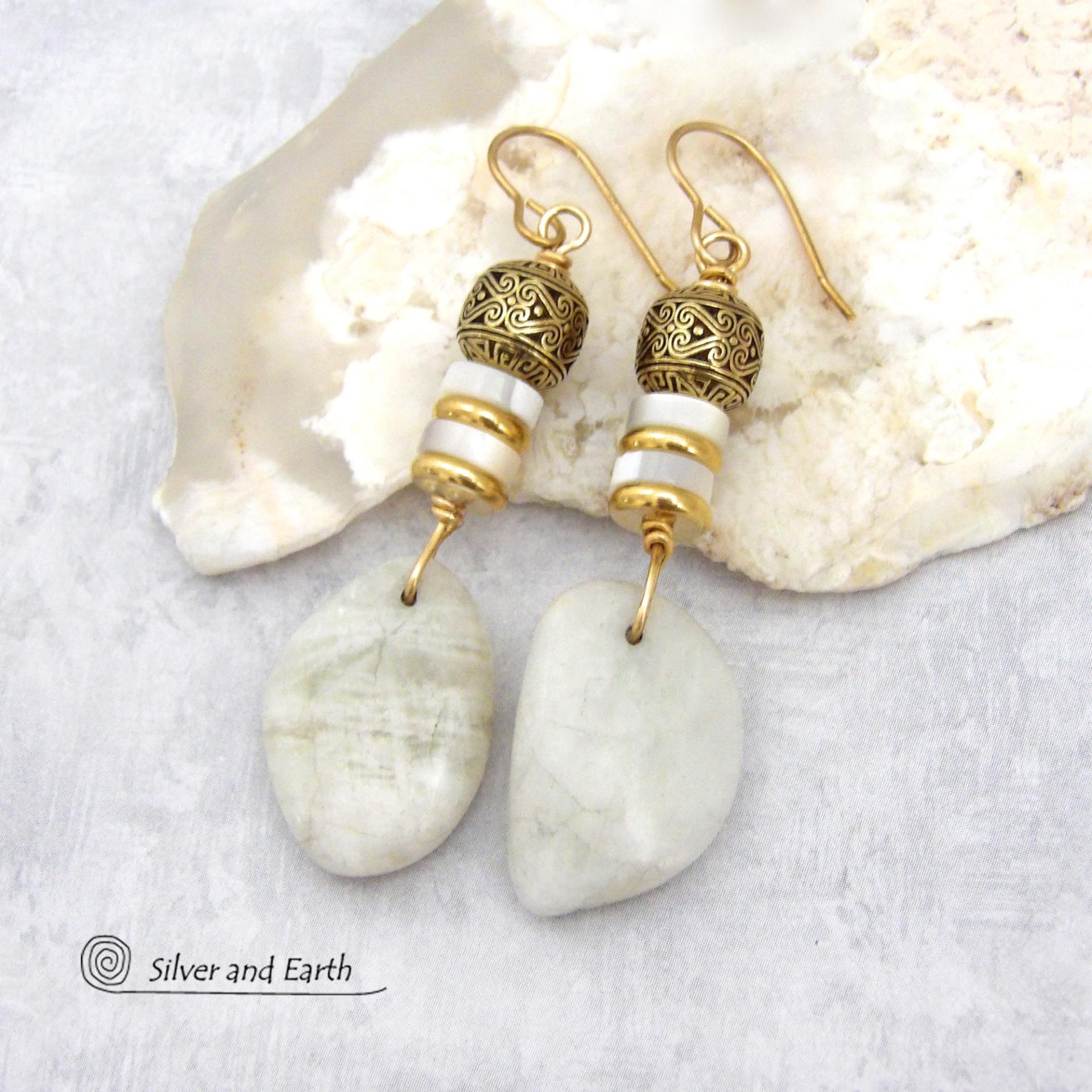 Natural Moonstone Nugget Earrings with Mother of Pearl and Brass Beads