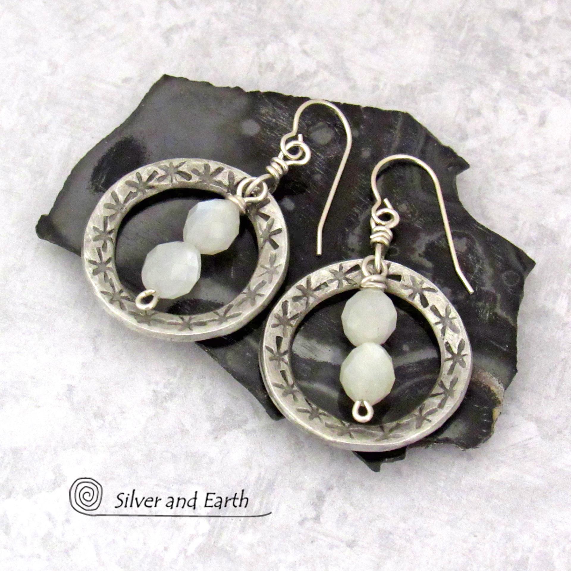 Faceted White Moonstone Silver Pewter Hoop Earrings - Modern Elegant Chic Gemstone Jewelry