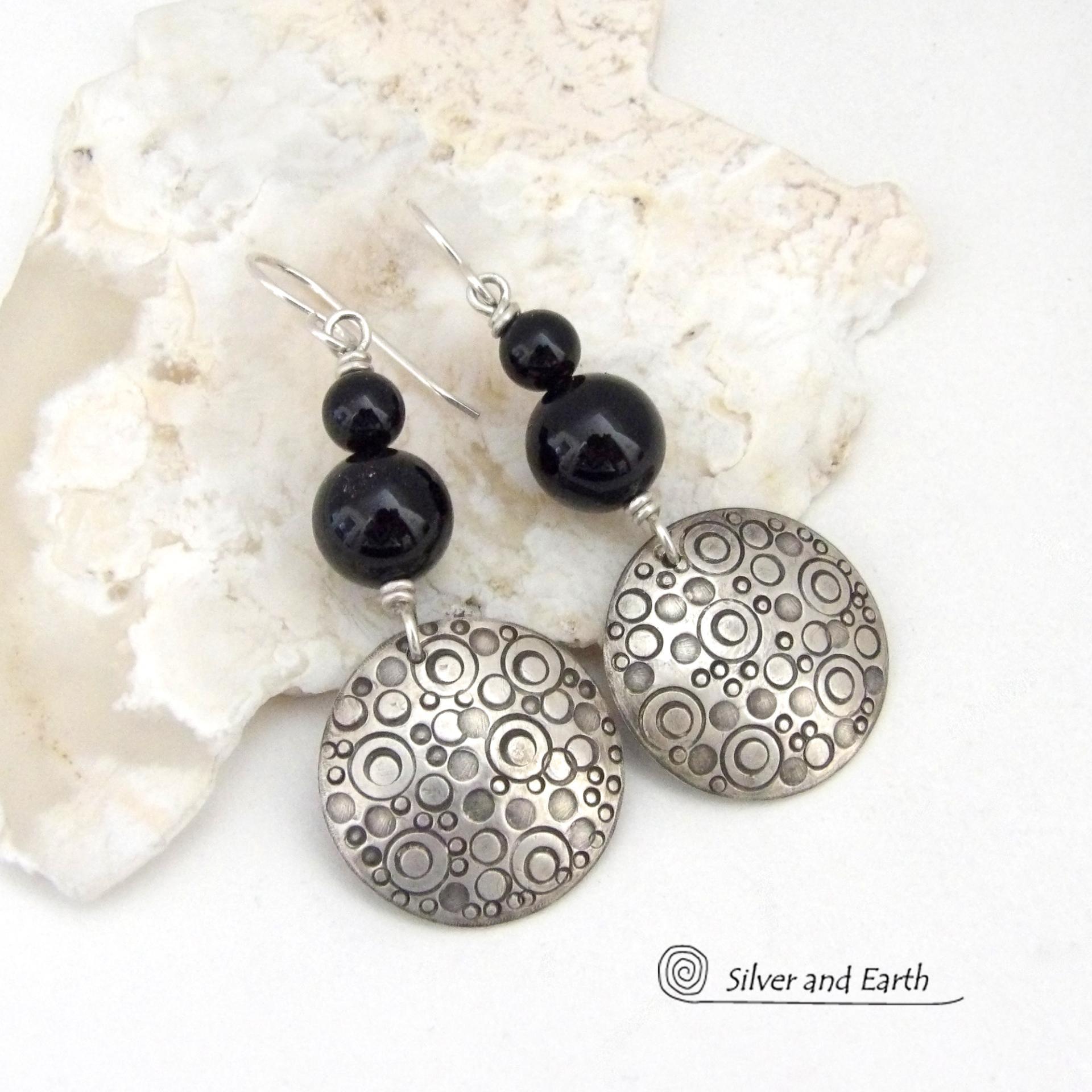 Sterling Silver Earrings with Black Onyx Stones - Unique Modern Silver Jewelry