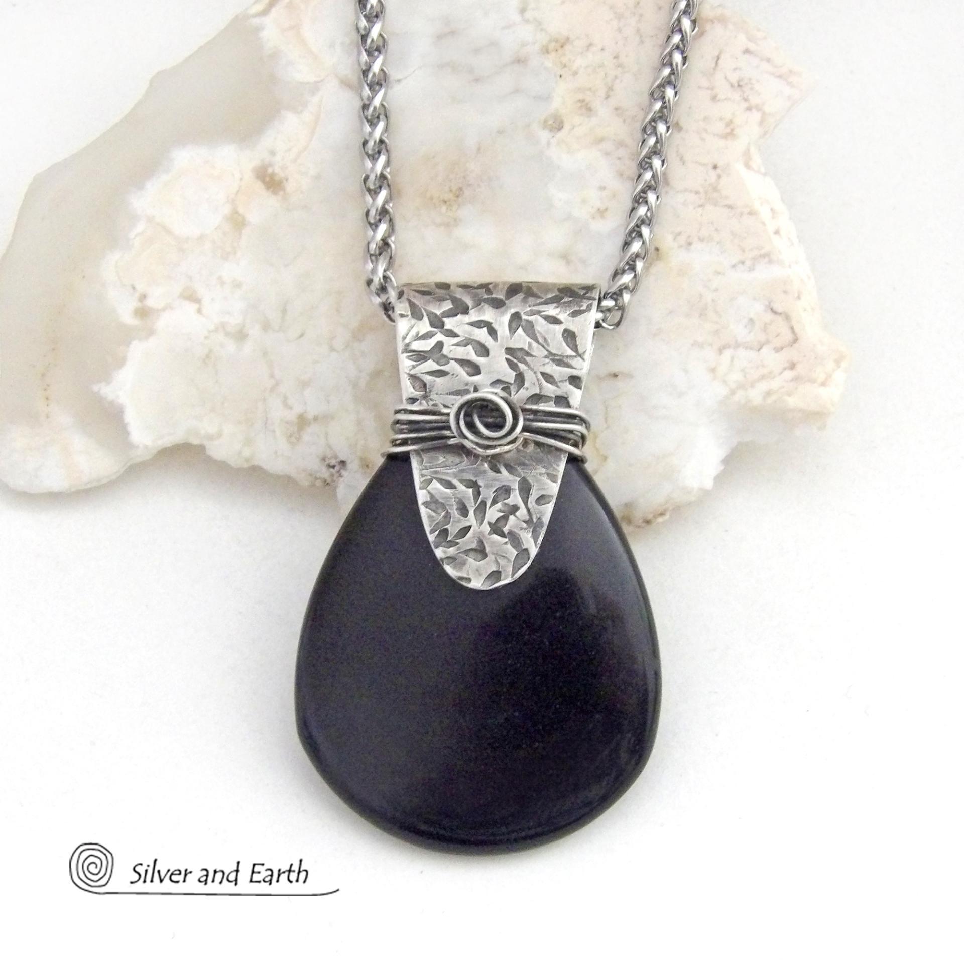 Black Onyx Sterling Silver Pendant Necklace - Contemporary Modern Gemstone Jewelry