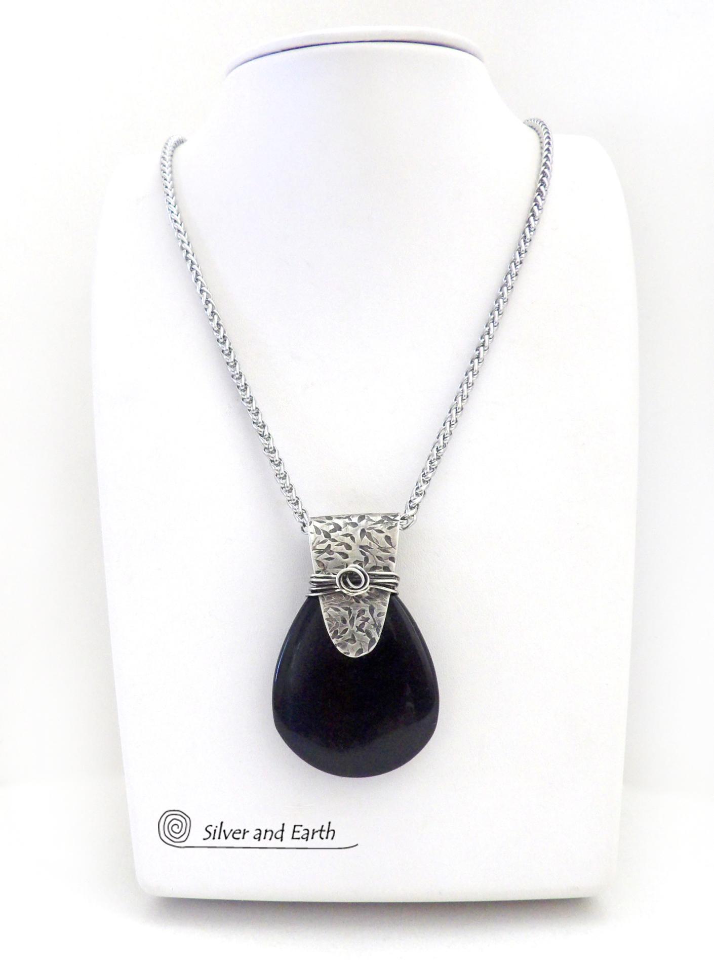 Black Onyx Sterling Silver Pendant Necklace - Contemporary Modern Gemstone Jewelry - Seventh Anniversary Gift