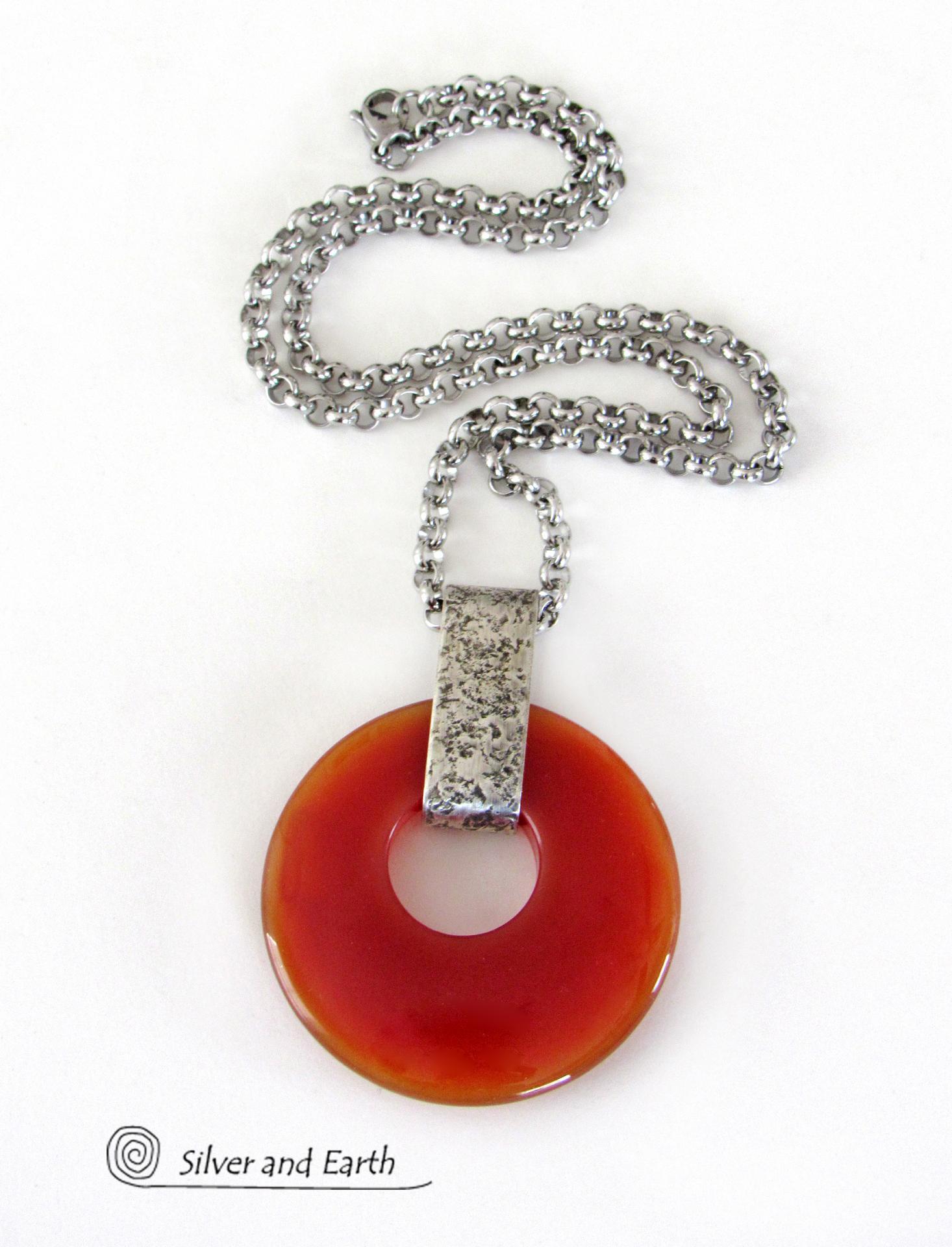 Red coral necklace for man with Hematite and pure silver nuggets - JoyElly