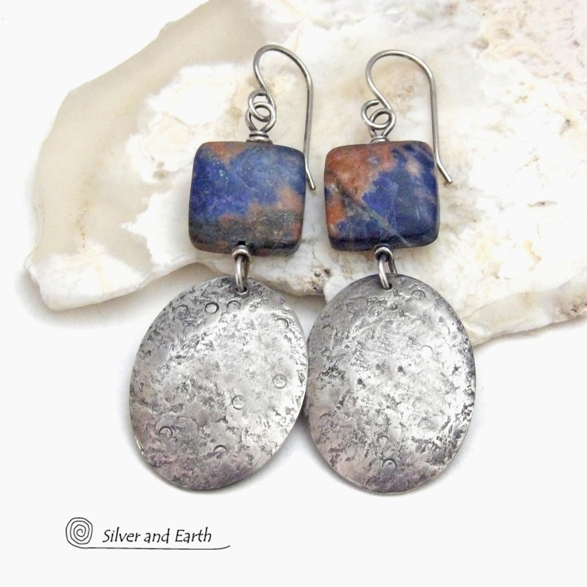 Sterling Silver Earrings with Orange & Blue Sodalite Gemstones - Handcrafted Artisan Silver Jewelry