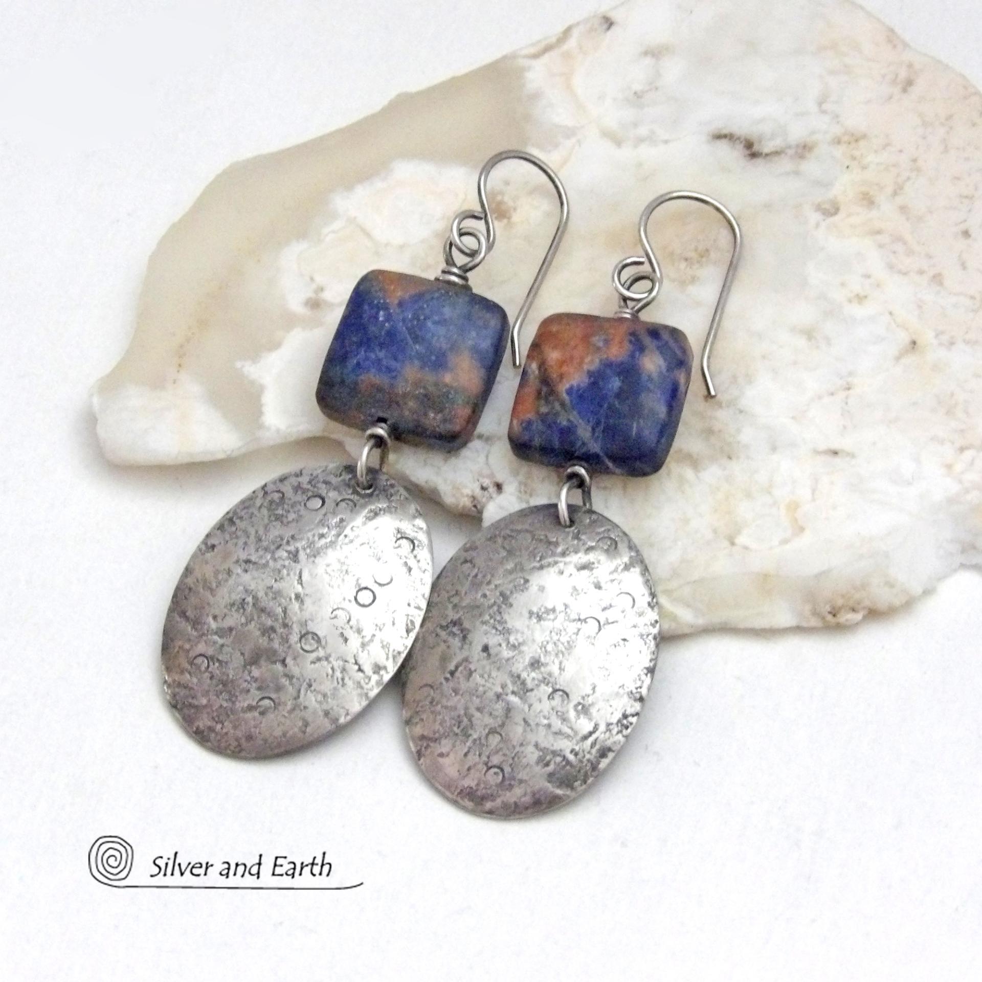Sterling Silver Earrings with Orange & Blue Sodalite Gemstones - Handcrafted Artisan Silver Jewelry