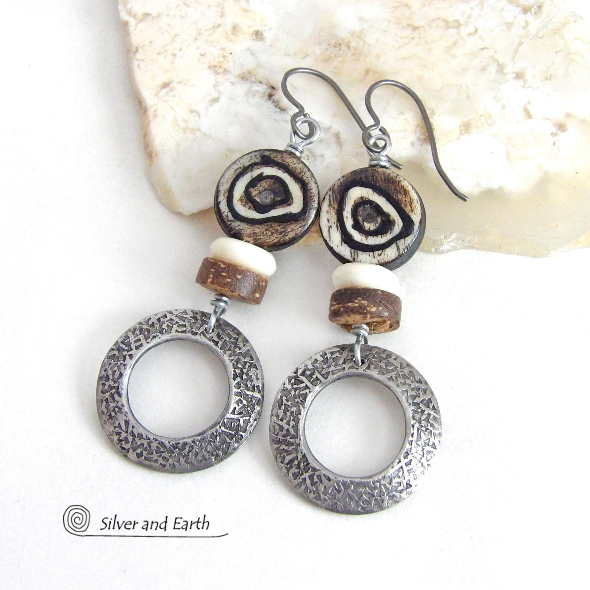 Silver Pewter Hoop Earrings with African Batik Bone Beads - Earthy Bold Ethnic African Tribal Inspired Jewelry