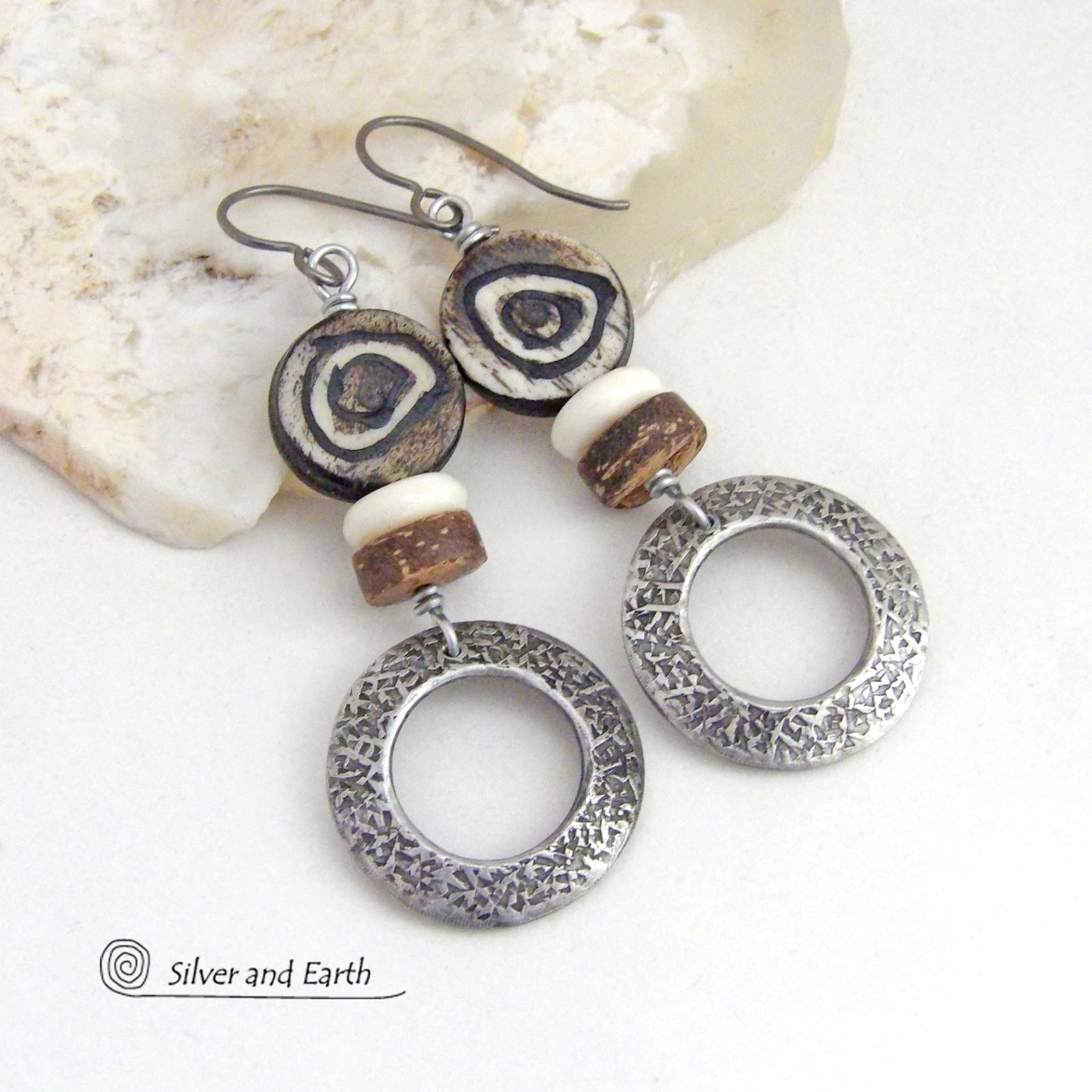 Silver Pewter Hoop Earrings with African Batik Bone Beads - Earthy Bold Ethnic African Tribal Inspired Jewelry
