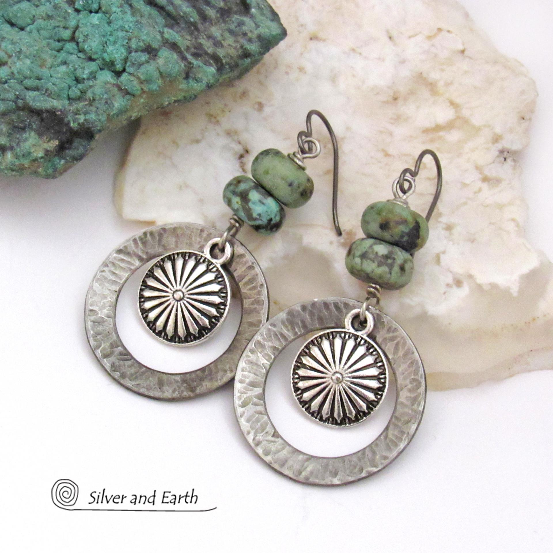 Silver Tone Pewter Concho Hoop Earrings with African Turquoise Stones - Southwestern Style Jewelry