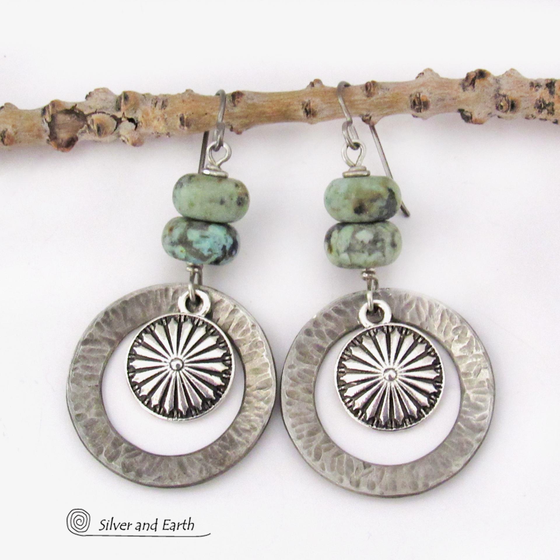 Silver Tone Pewter Concho Hoop Earrings with African Turquoise Stones - Southwestern Style Jewelry