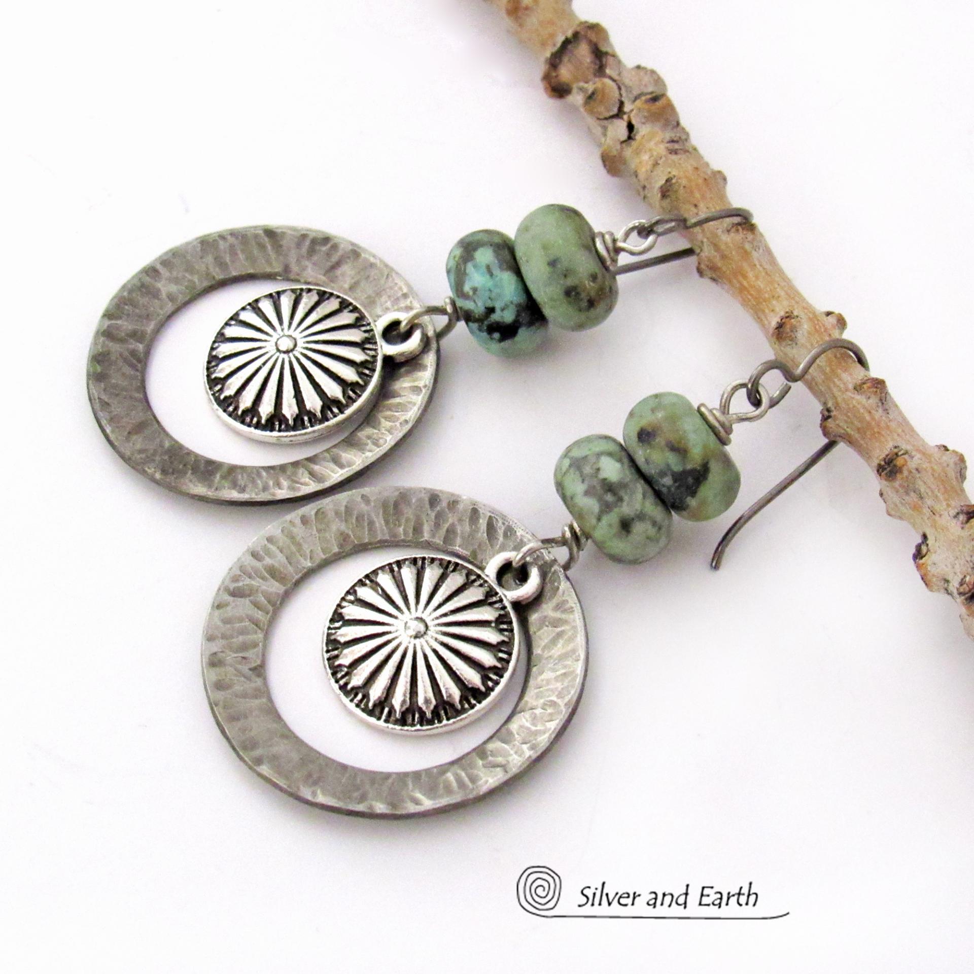Silver Tone Pewter Concho Hoop Earrings with African Turquoise Stones - Southwestern Style Jewelry