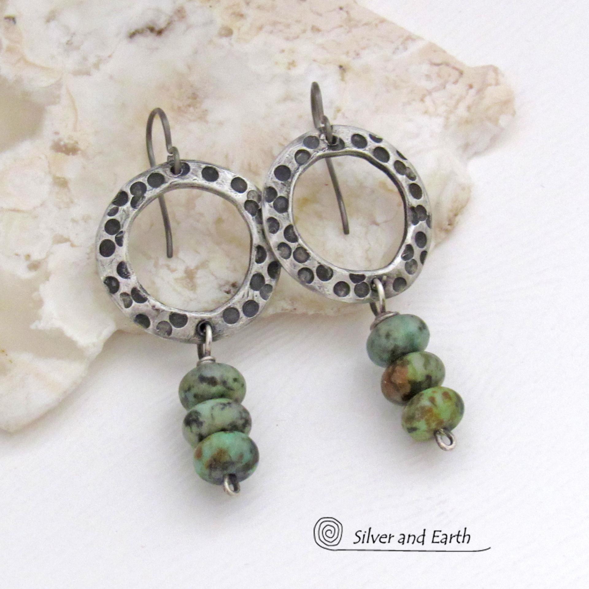 Rustic Textured Silver Pewter Hoop Earrings with African Turquoise Stones - Modern Earthy Organic Natural Gemstone Jewelry