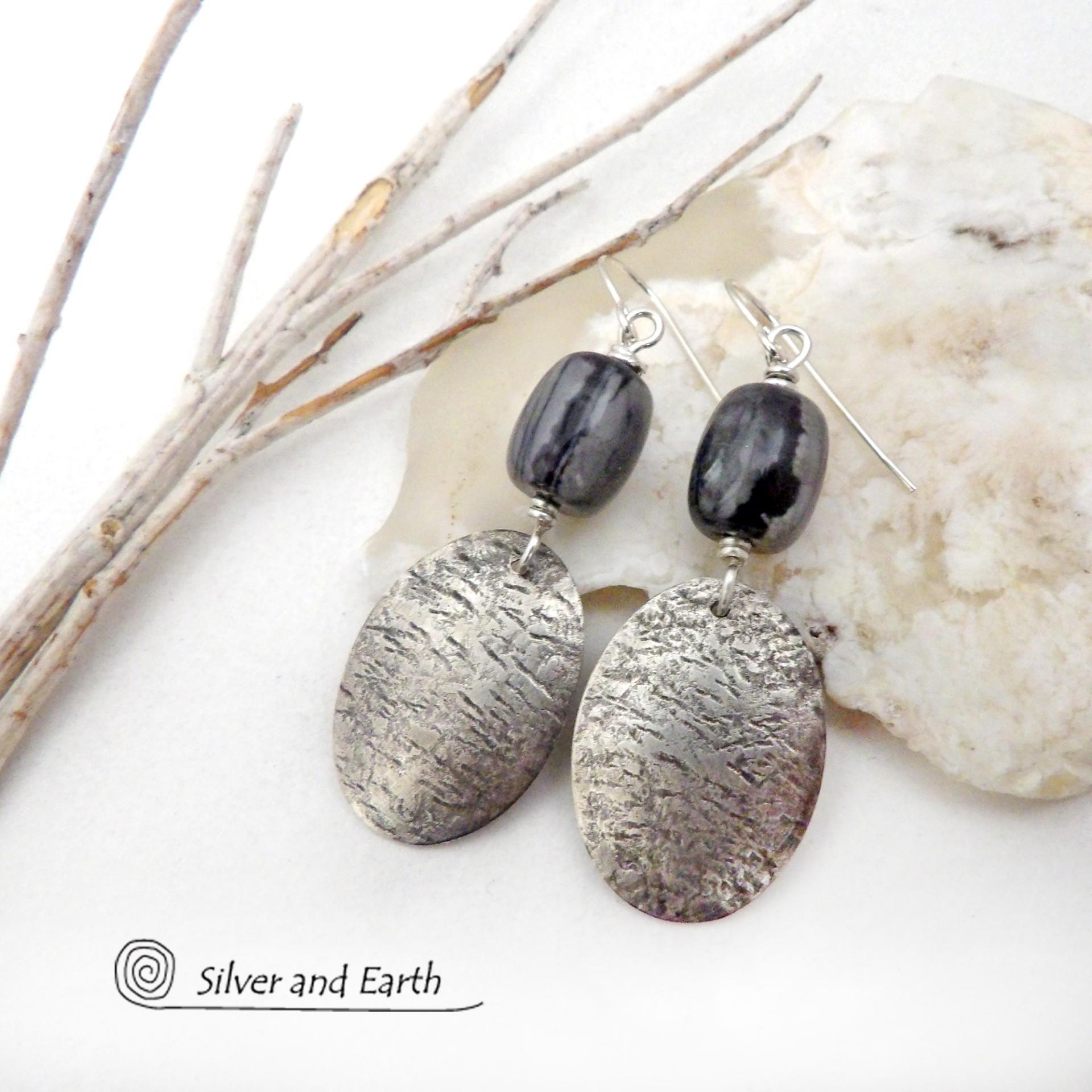 Sterling Silver Dangle Earrings with Grey Black Picasso Marble Gemstones - Artisan Handmade Earthy Natural Stone Jewelry