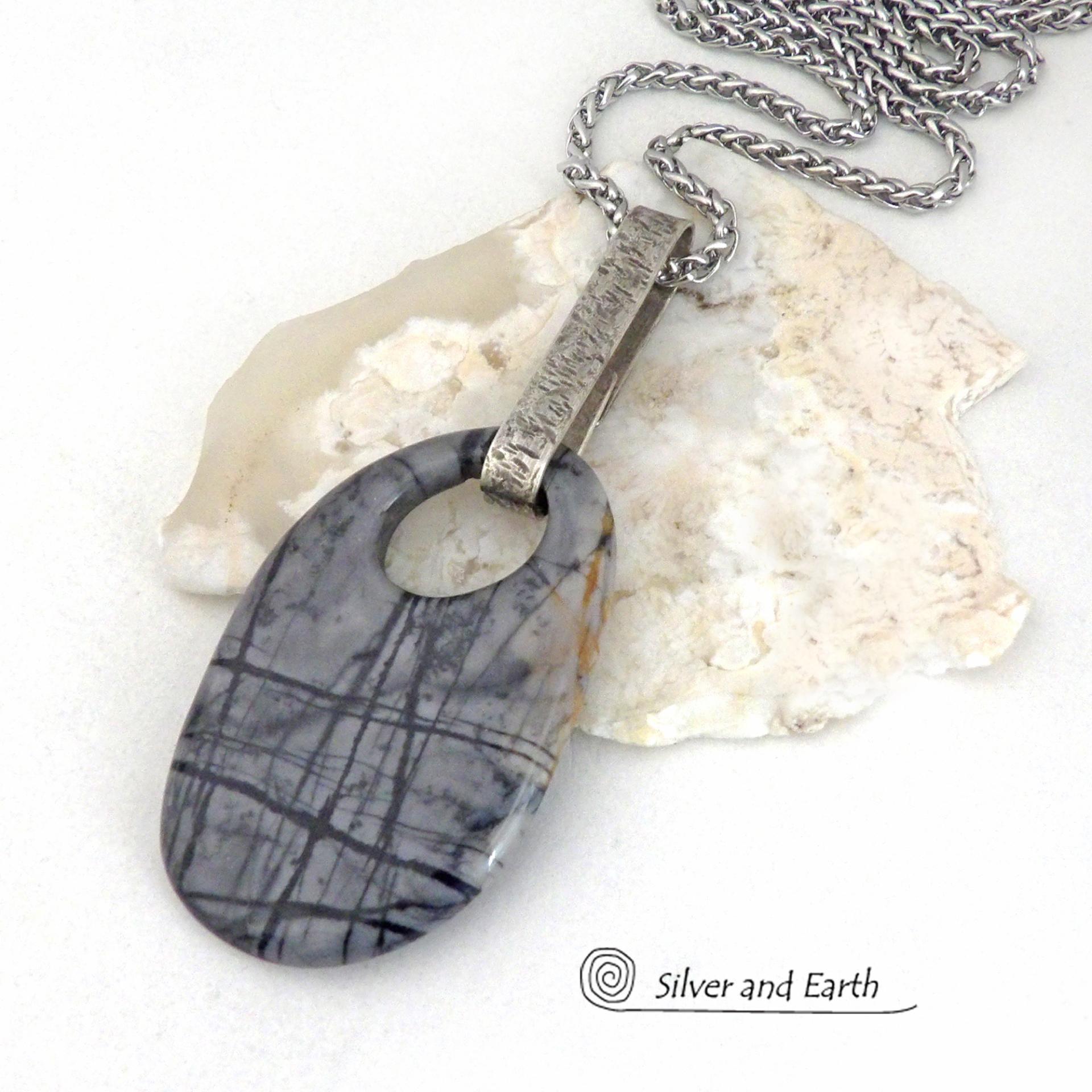 Picasso Marble Gemstone Sterling Silver Pendant Necklace - One of a Kind Earthy Natural Stone Jewelry